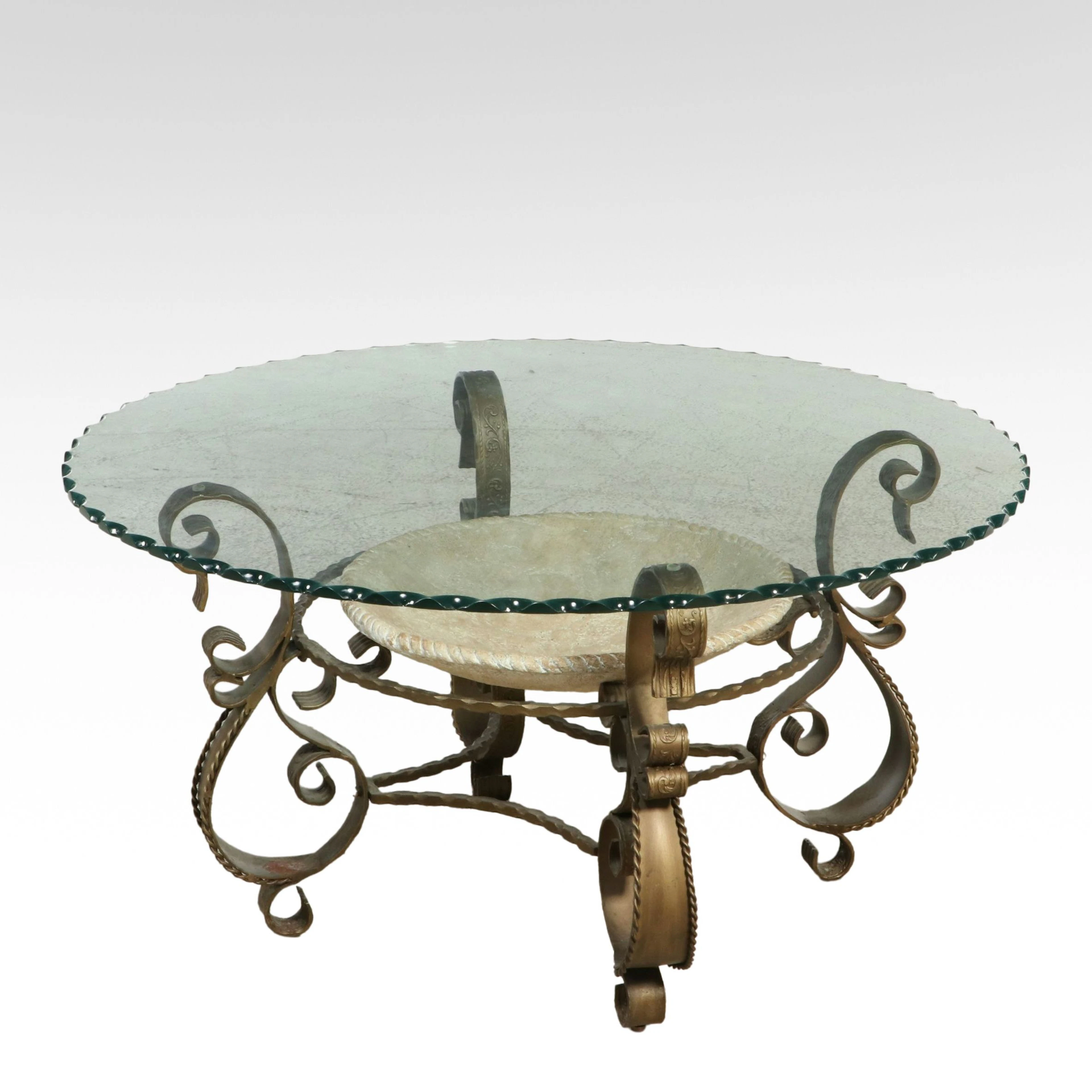 Italian Baroque Style Scrolled Metal Glass Top Coffee Table