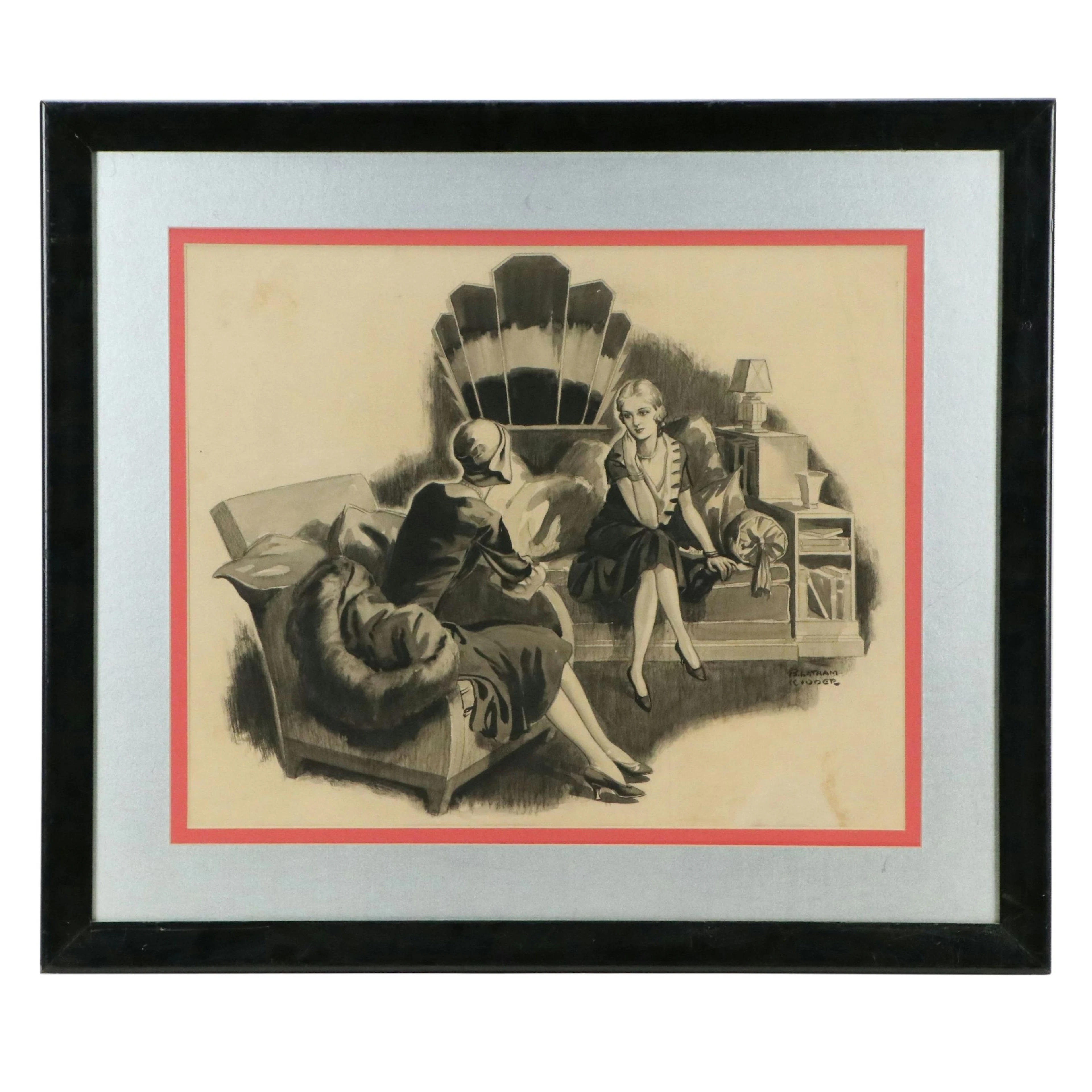 B. Latham Kidder Ink Wash Drawing of Women Conversing, Circa 1920s