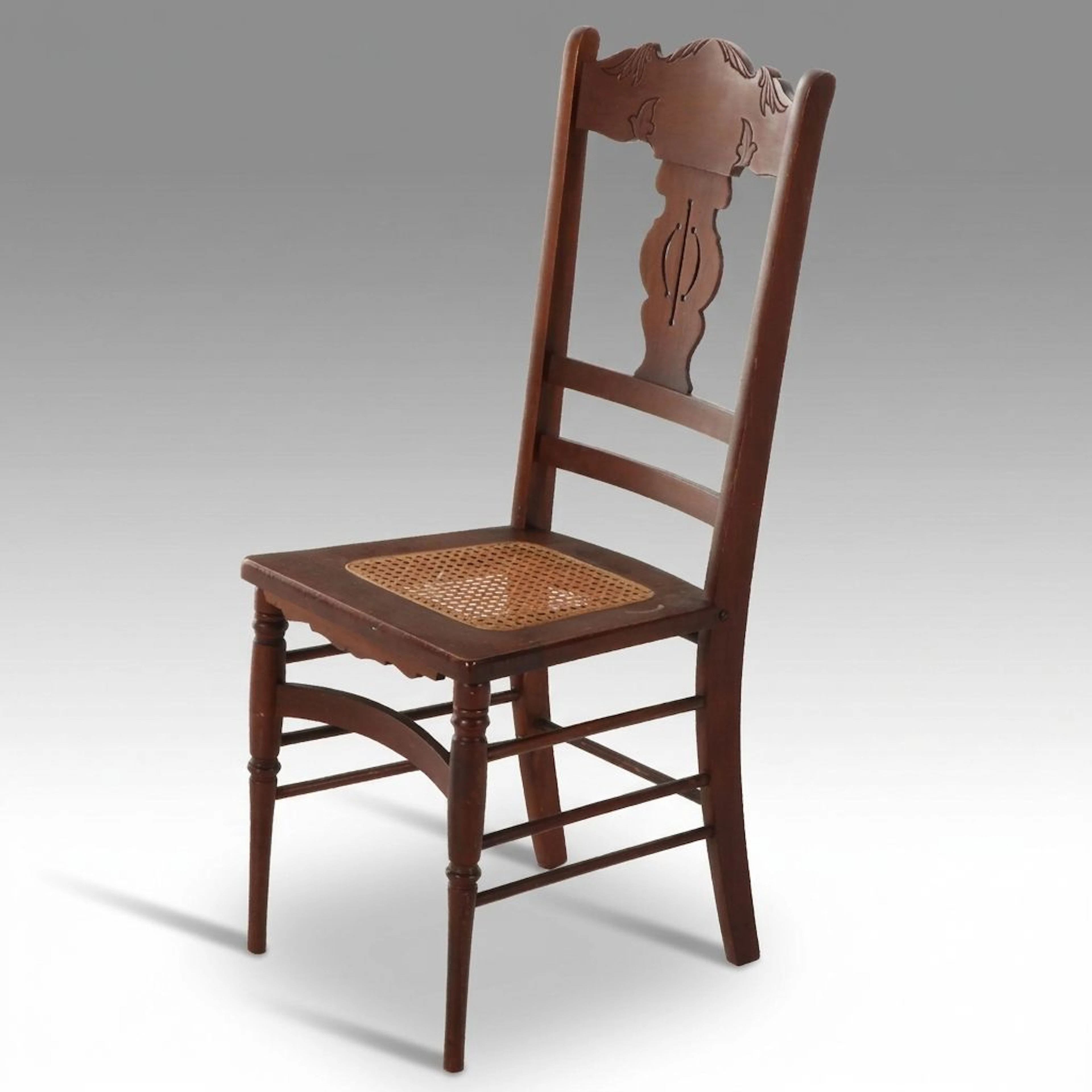 Antique Art Nouveau Carved Walnut Cane Seat Side Chair, Early 20th Century