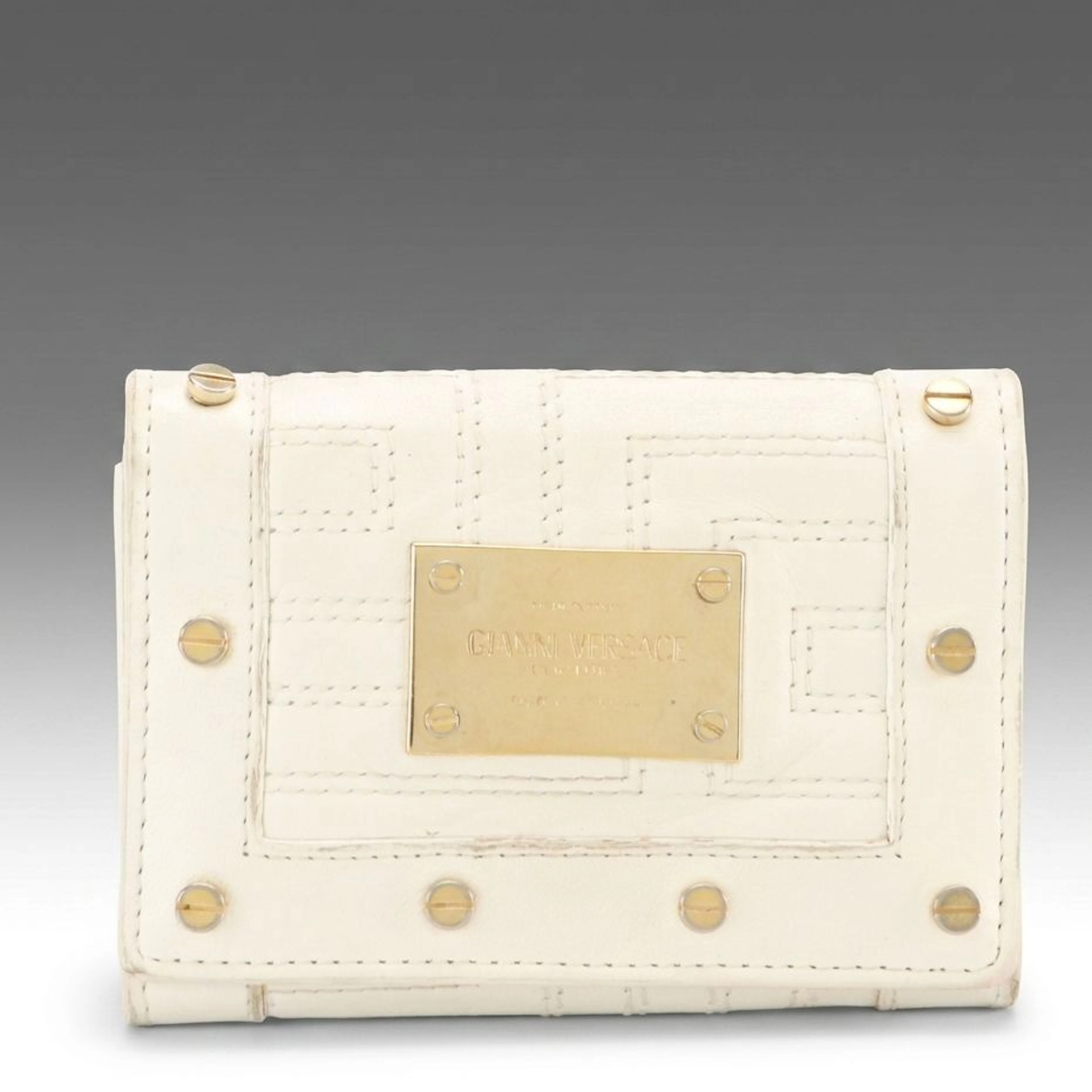 Gianni Versace Compact Wallet in White Stitched Calfskin Leather