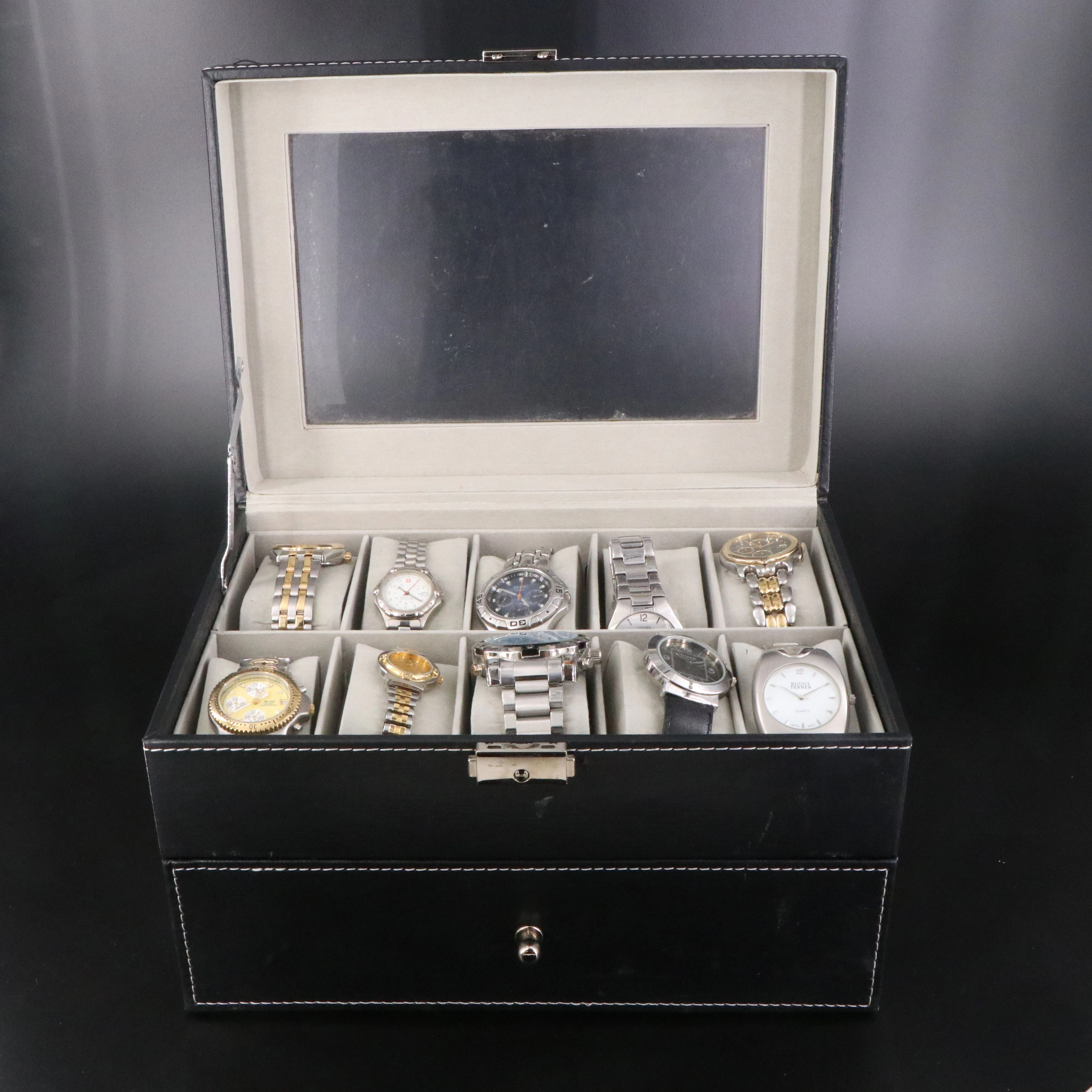 Quartz Watch Collection Featuring Citizen and Wenger in Leather Watch Box