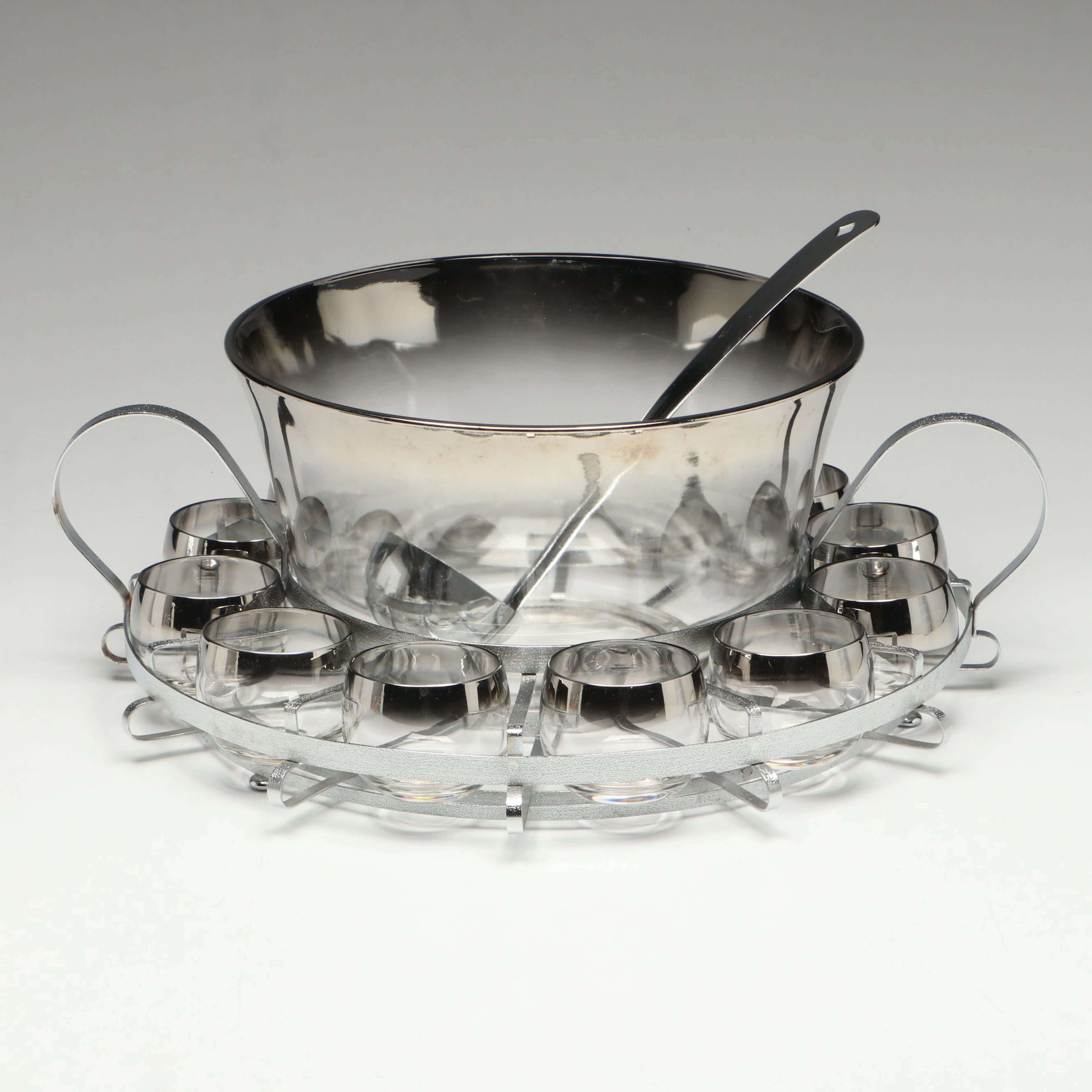 Dorothy Thorpe Mid Century Modern Silver Fade to Clear Glass Punch Bowl Set
