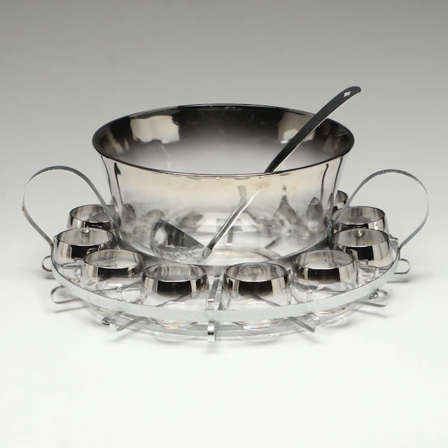 Dorothy Thorpe Mid Century Modern Silver Fade to Clear Glass Punch Bowl Set