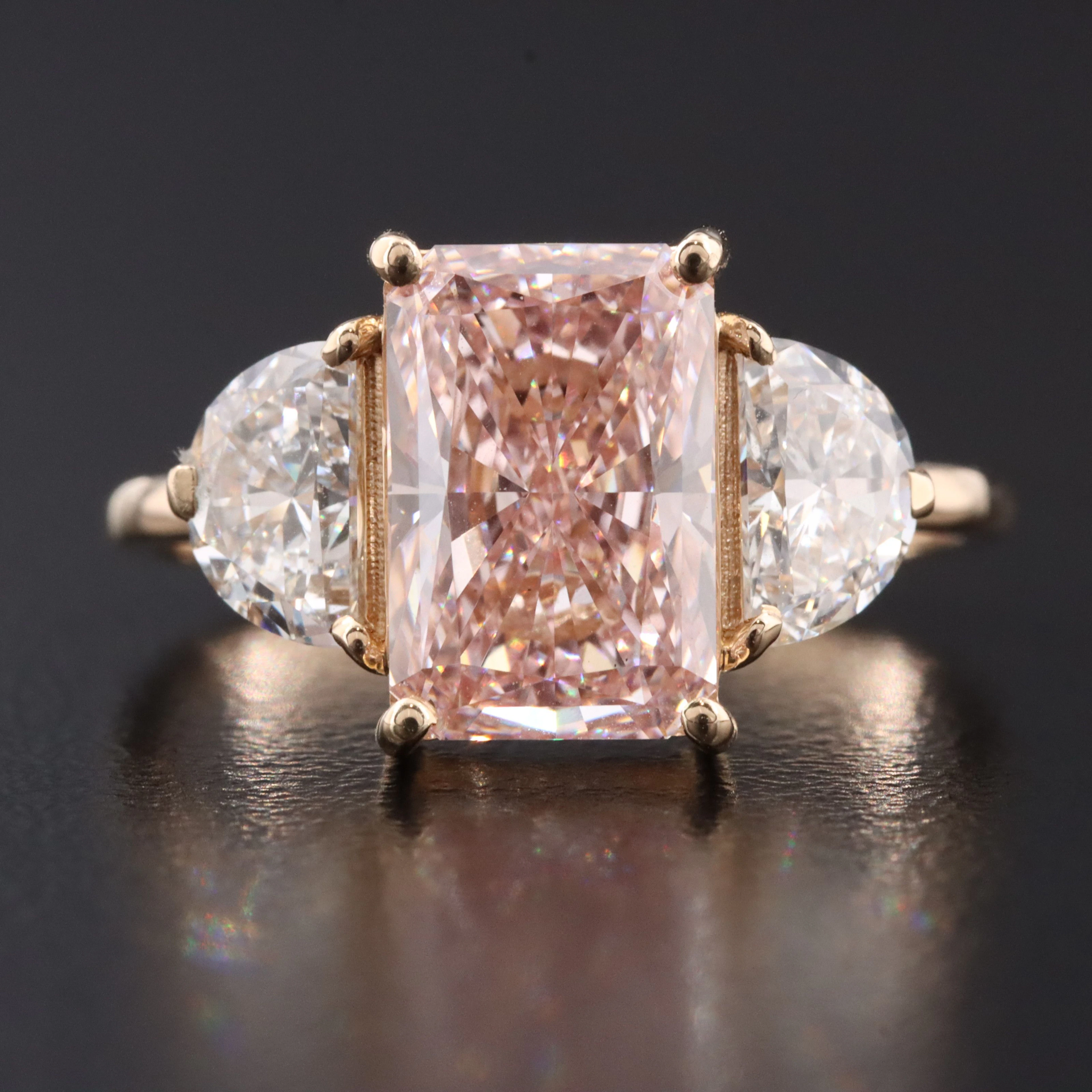 14K 3.73 CTW Lab Grown Diamond Ring with Fancy Intense Pink Center & IGI Report