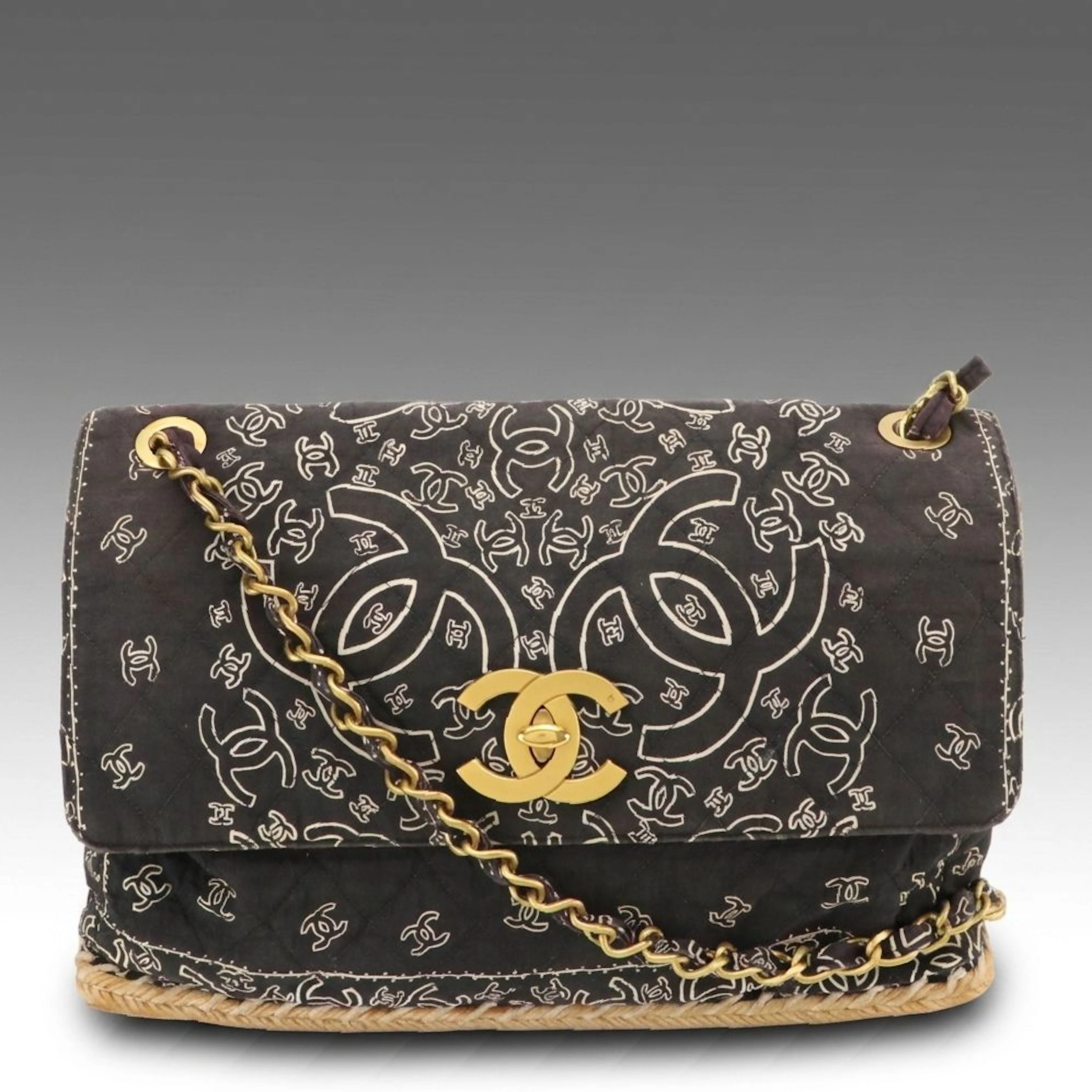 Chanel Bandana Flap Chain Strap Bag in Printed/Quilted Canvas and Raffia