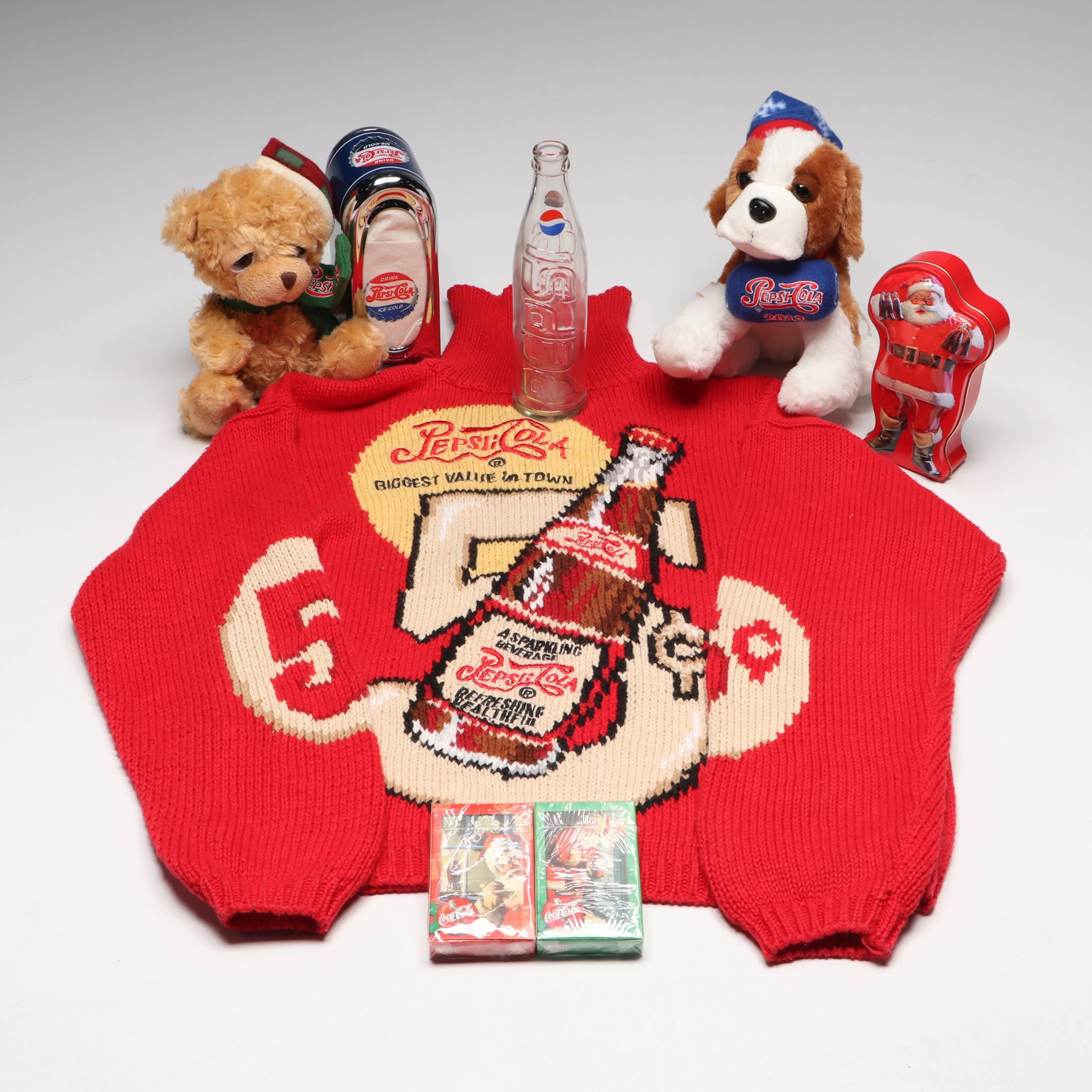 "Pepsi-Cola" Vintage Sweater with Collectible Glasses, Stuffed Toys, and More