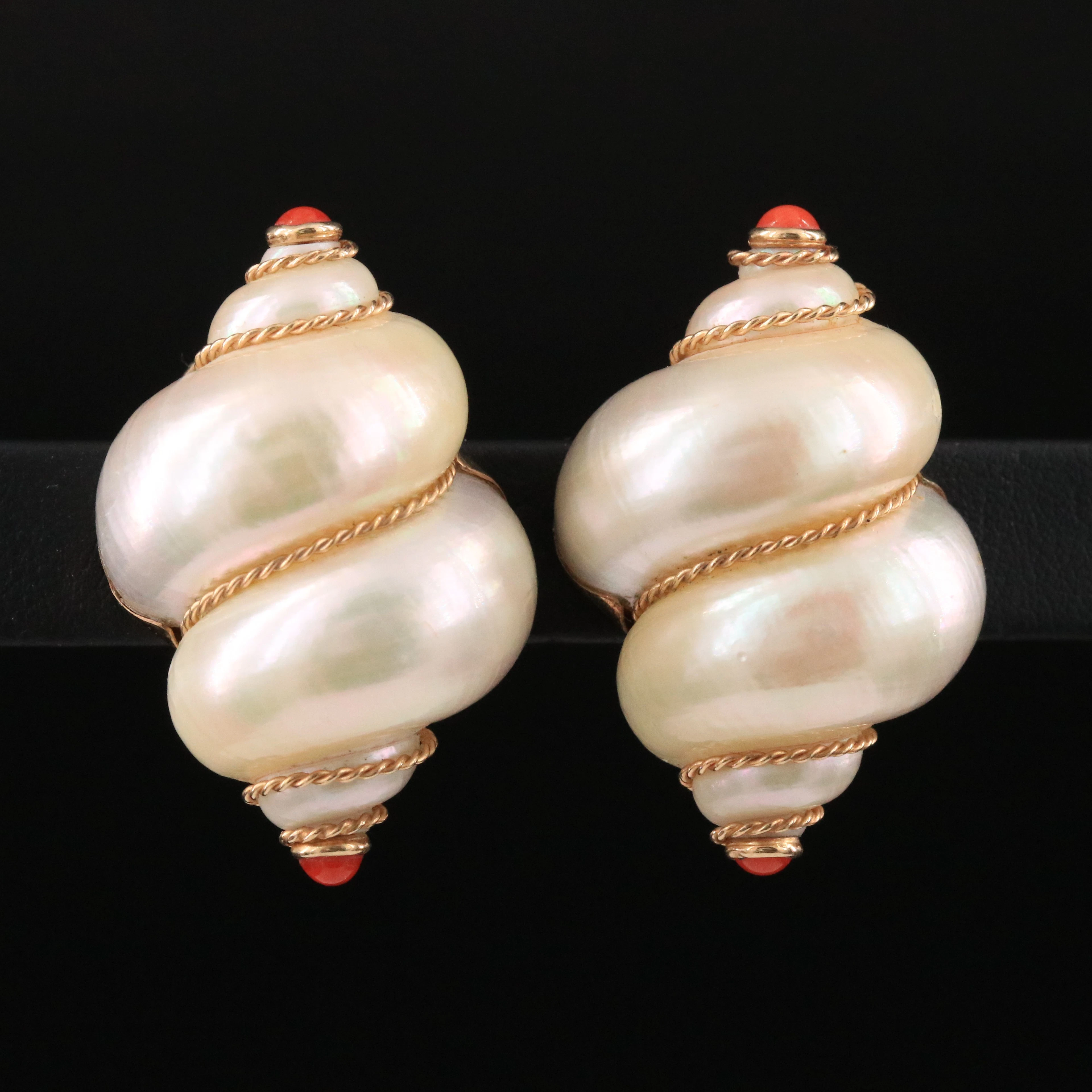 Mazza 14K Shell Earrings with Coral Accents