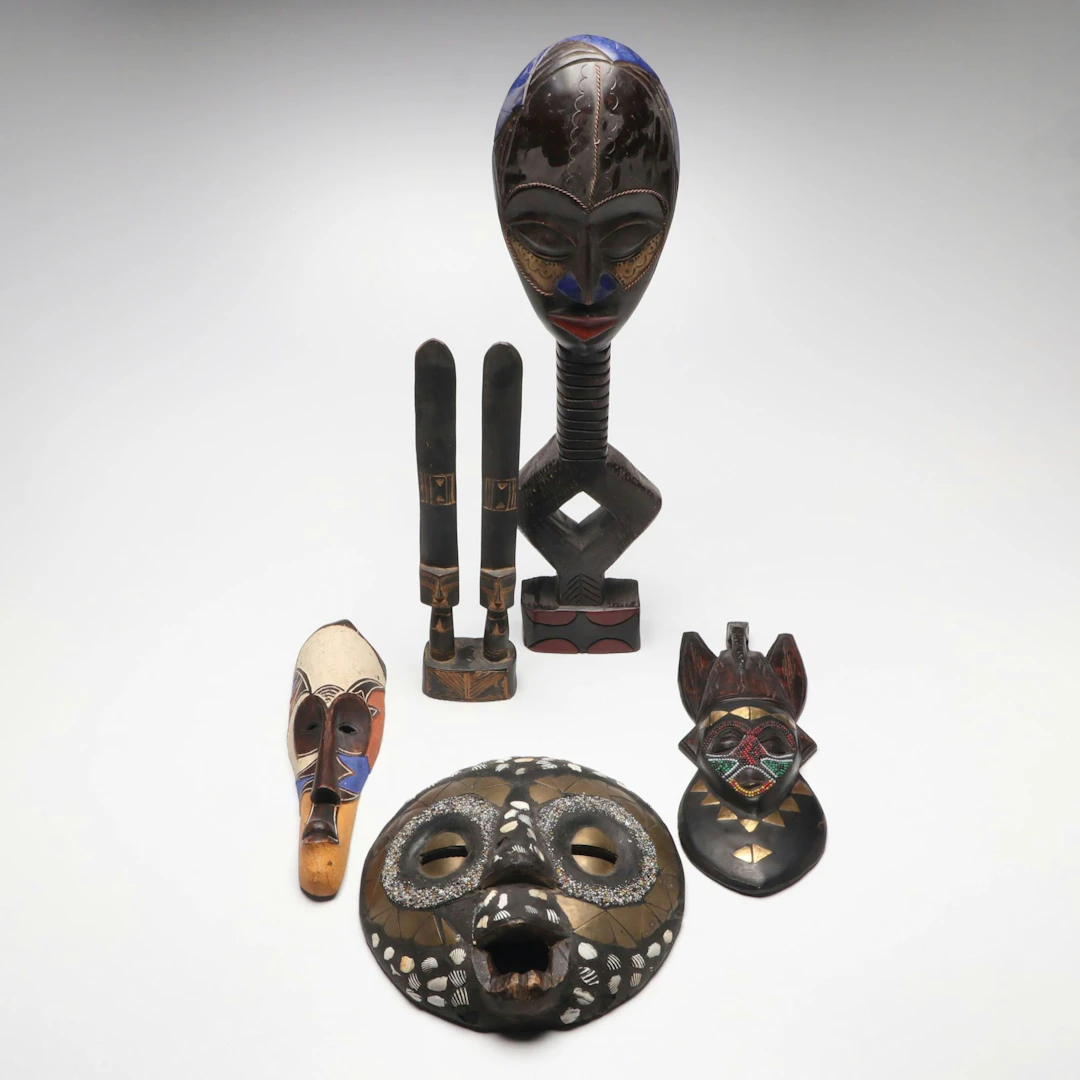 West African Carved Wood Masks, Figures, with Beadwork, Brass, and