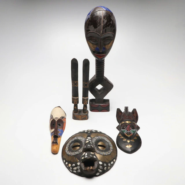 West African Carved Wood Masks, Figures, with Beadwork, Brass, and