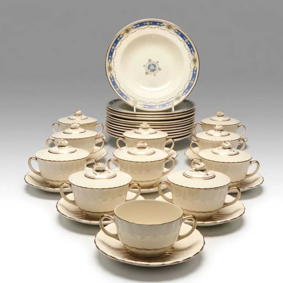Royal Worcester "Deauville" Rim Soup Bowls with Other Bouillon Cups and Saucers