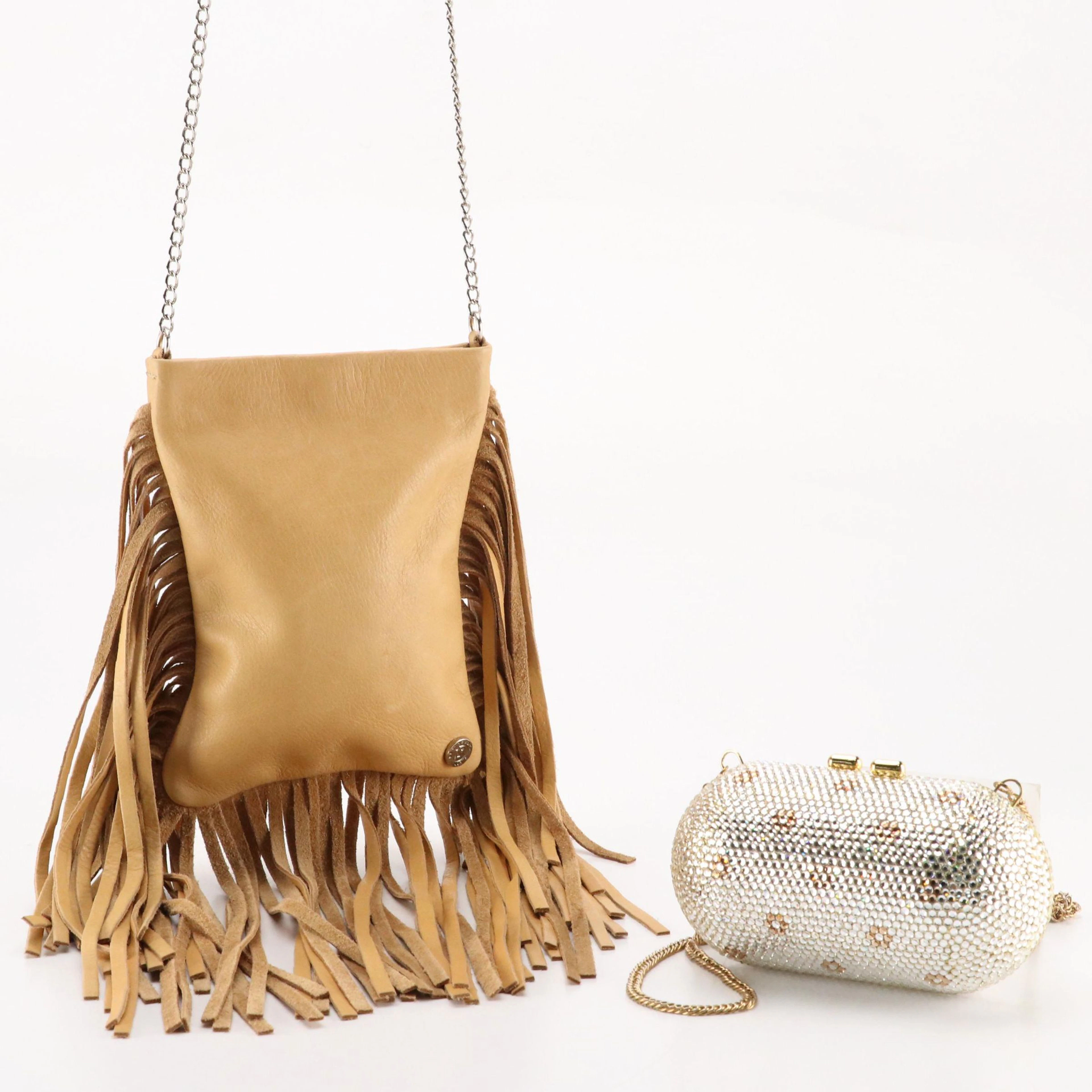 Crystal Embellished Minaudière Clutch Purse and Leather Fringed Crossbody Bag