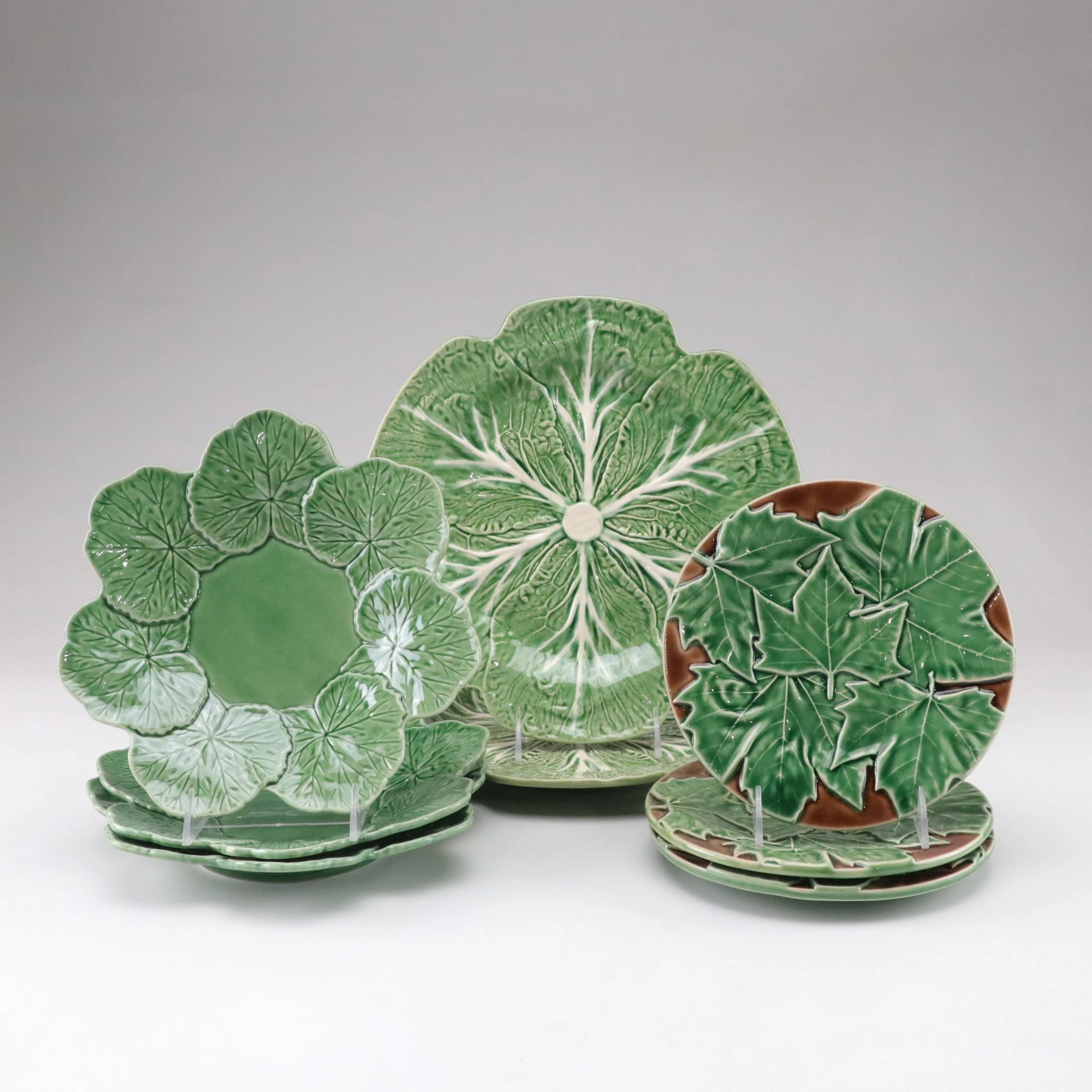 Portuguese Bordallo Pinheiro Majolica "Cabbage", "Leaf" and "Geranium" Plates