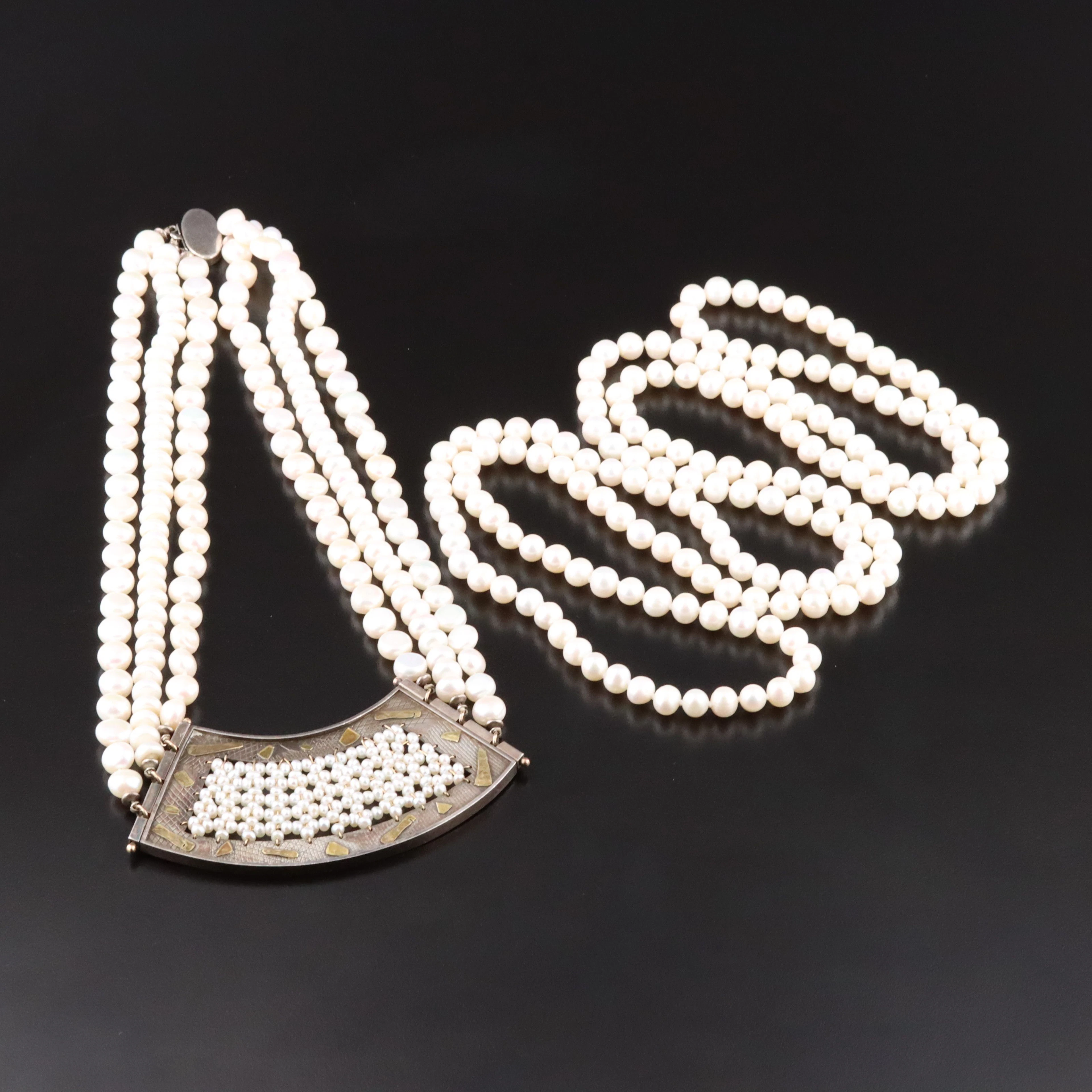 Sharon M. Donovan Sterling Pearl Plastron with Opera Length Necklace