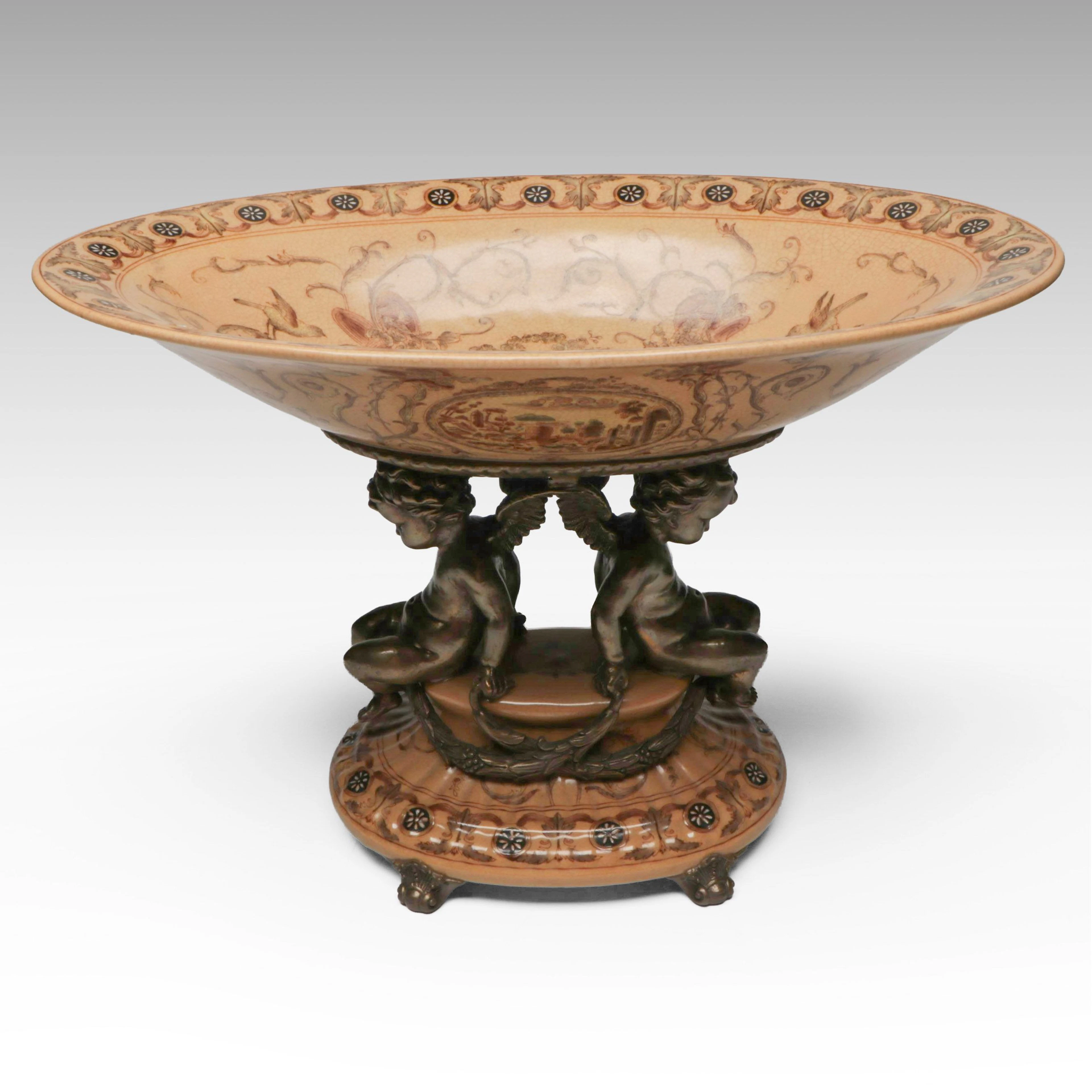 Louis XVI Style Enameled Porcelain Oblong Centerpiece Bowl with Metal Putti