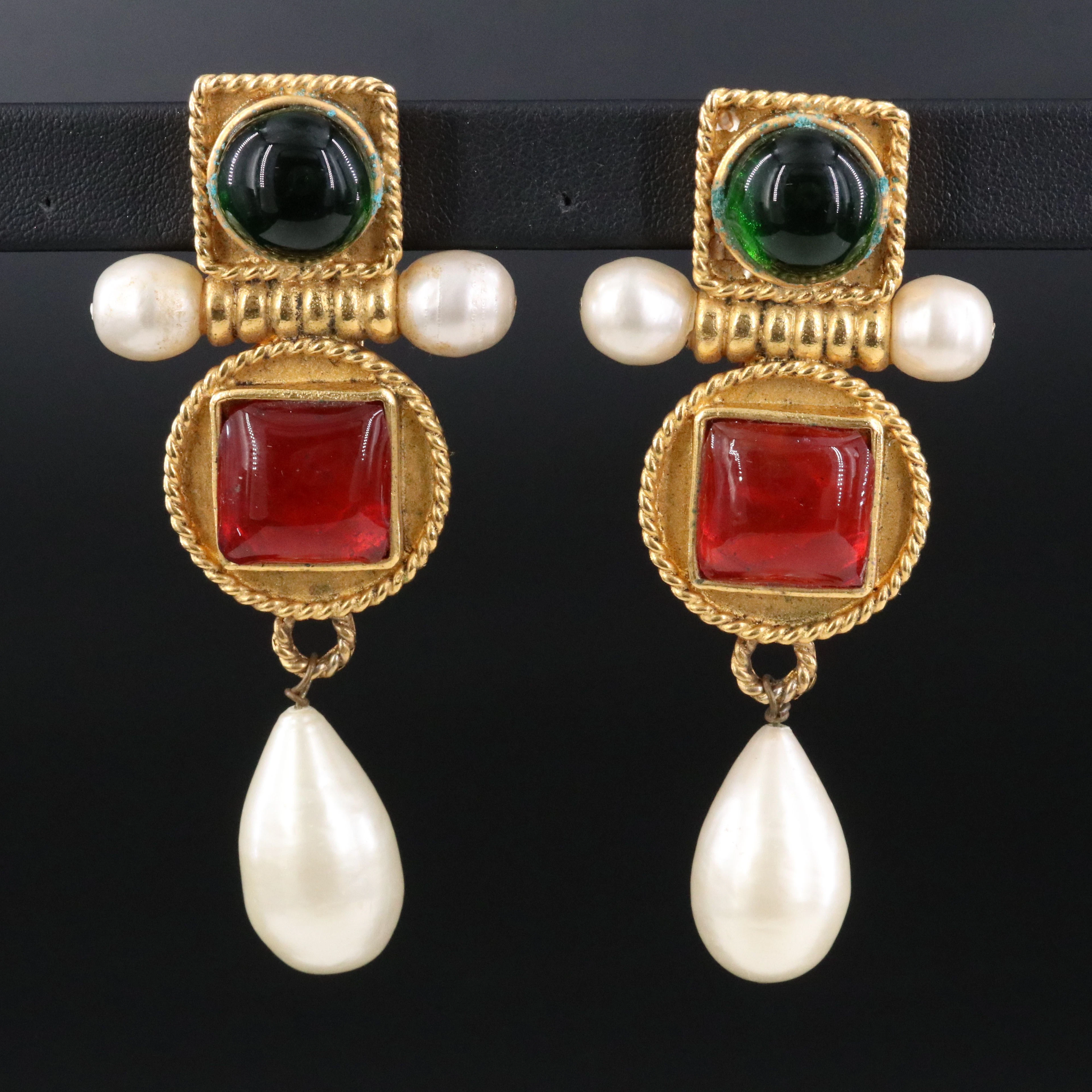 Chanel Gripoix Glass and Glass Pearl Drop Earrings, 1980s