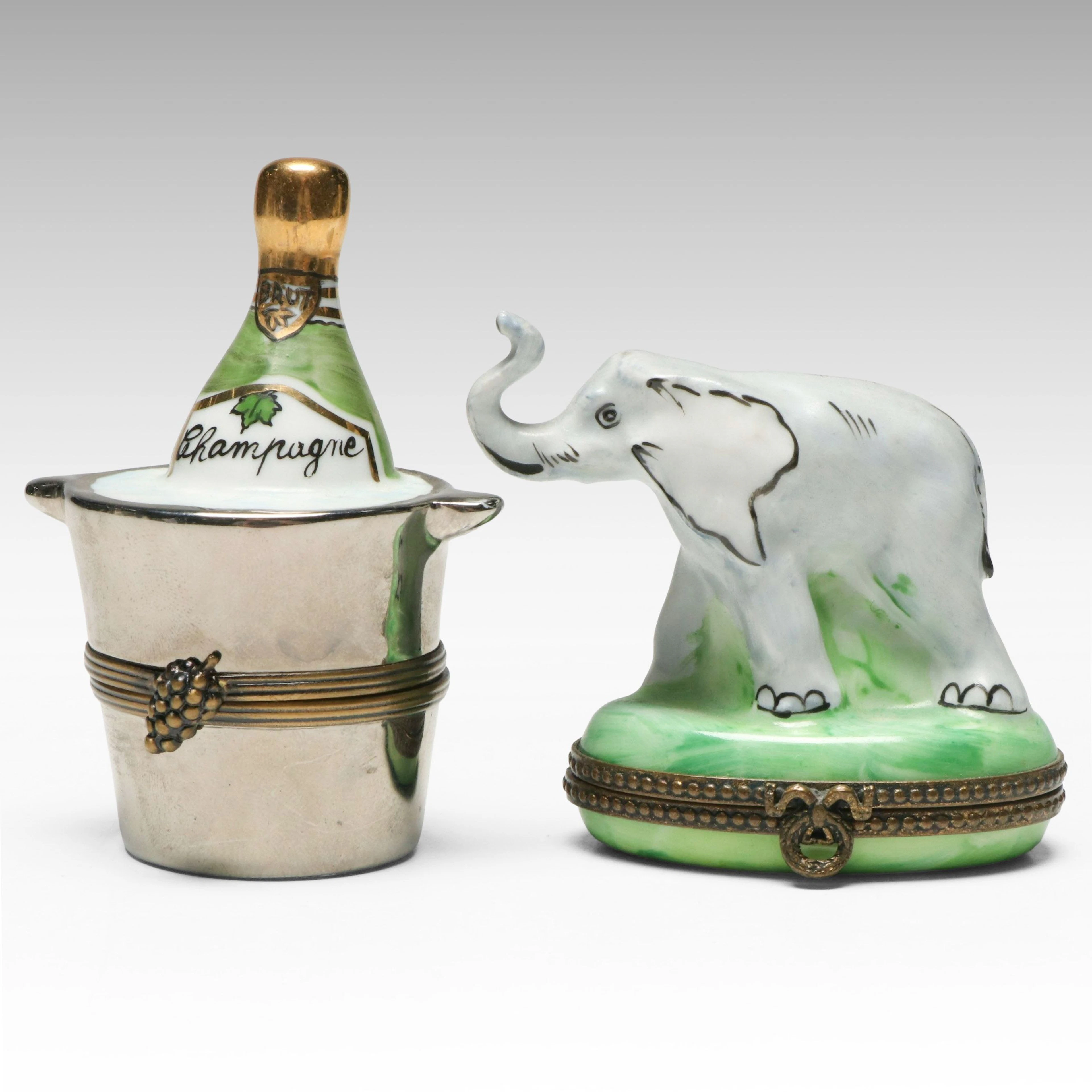 Rochard Elephant with Champagne Bucket Limoges Porcelain Boxes