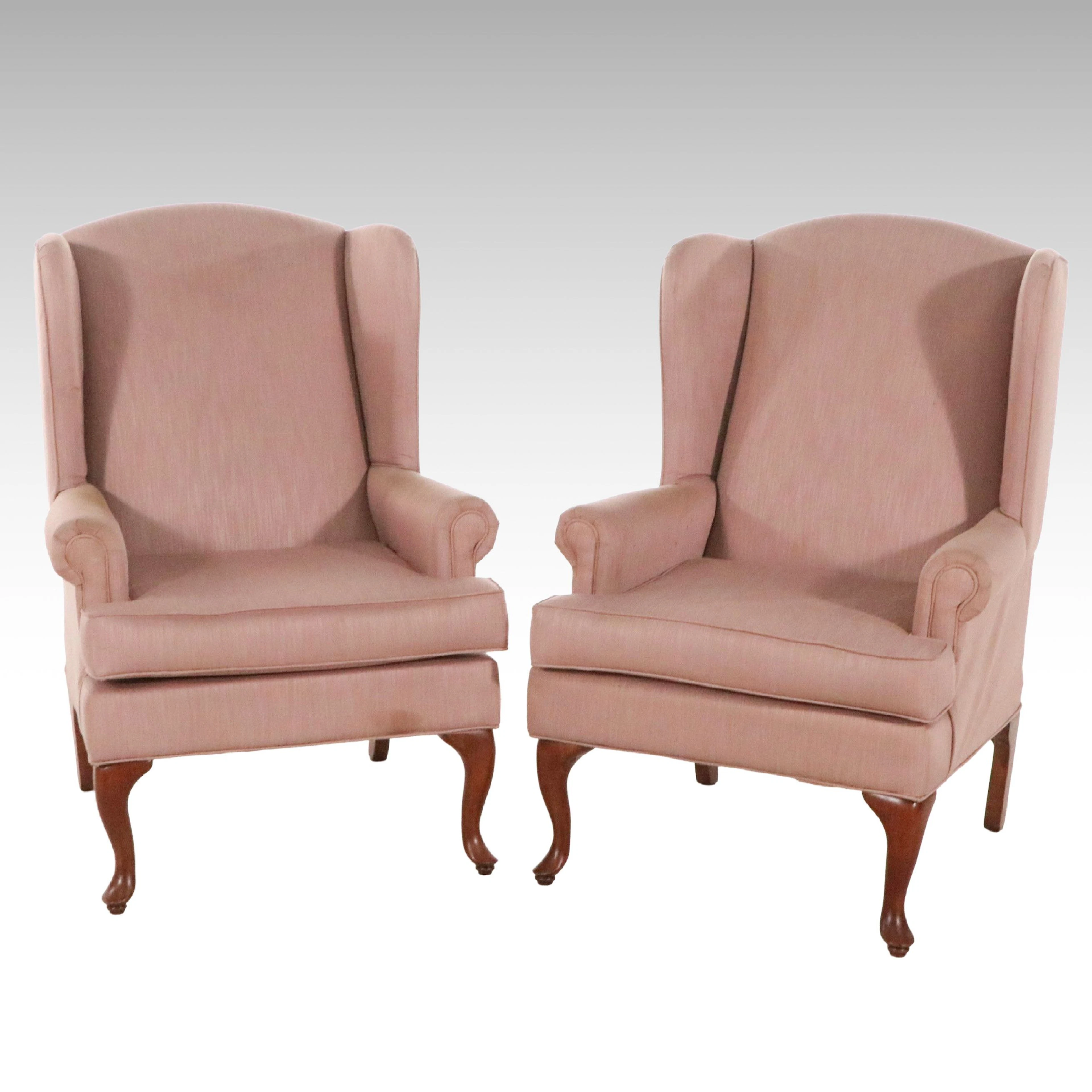Pair of Queen Anne Style Blush Upholstered Wingback Armchairs, Late
