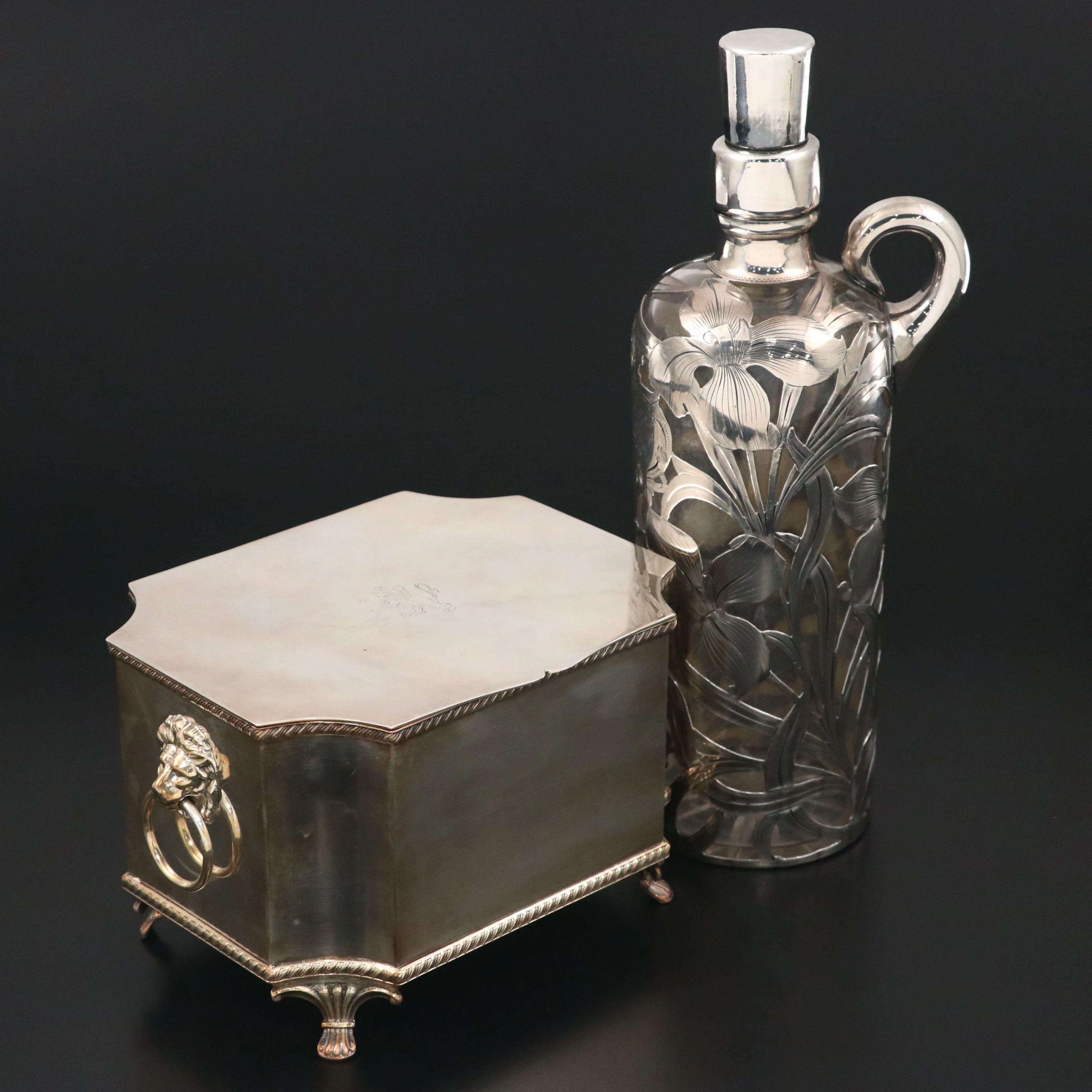 Alvin Fine Silver Overlay Trophy Decanter with English Silver Plate Box