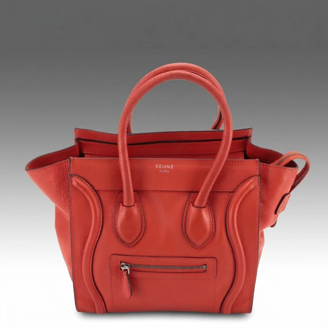 Céline Micro Luggage Handbag in Orange Grained Calfskin Leather
