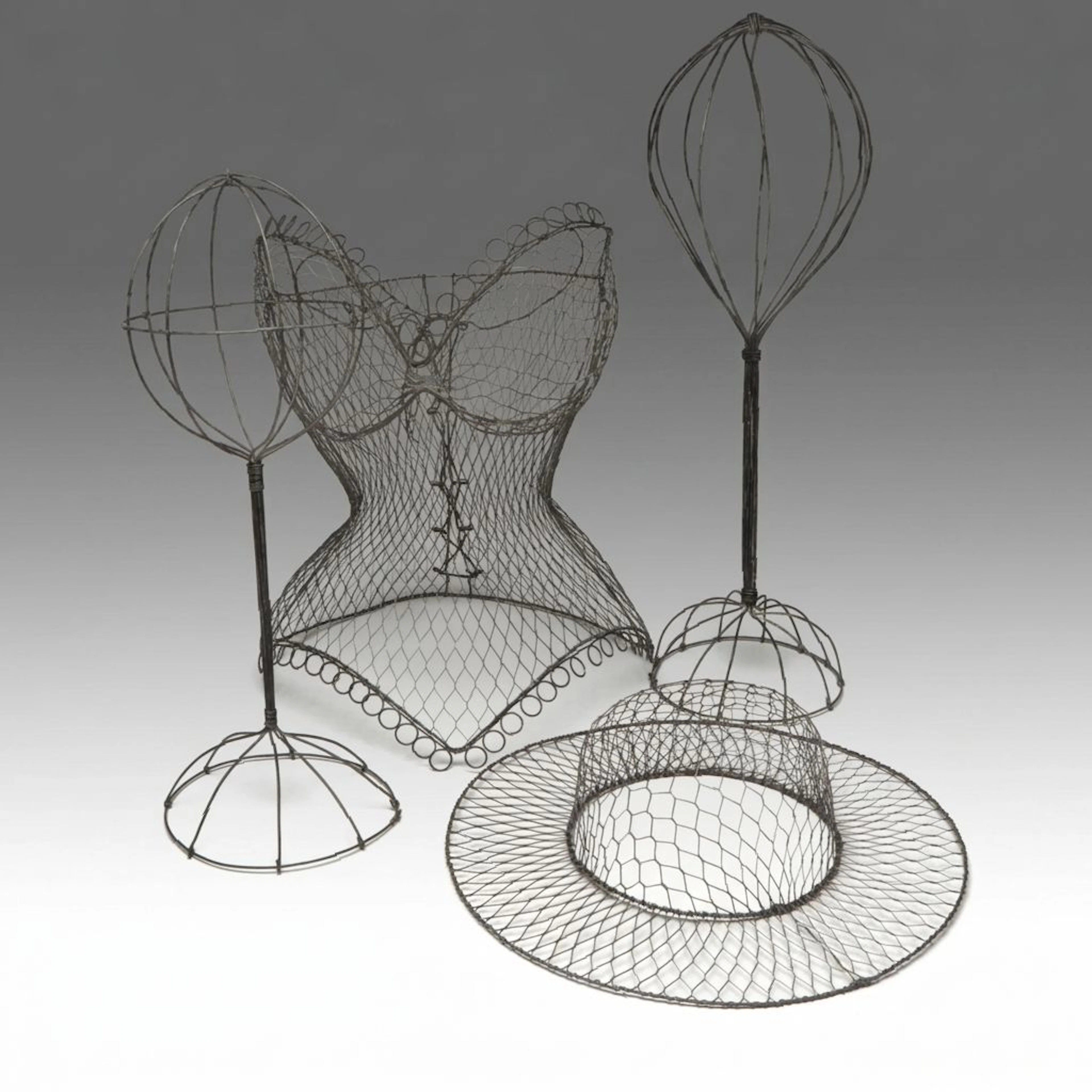 Wire Hat Racks with Wide Brim Hat and with Corseted Dress Display, Vintage