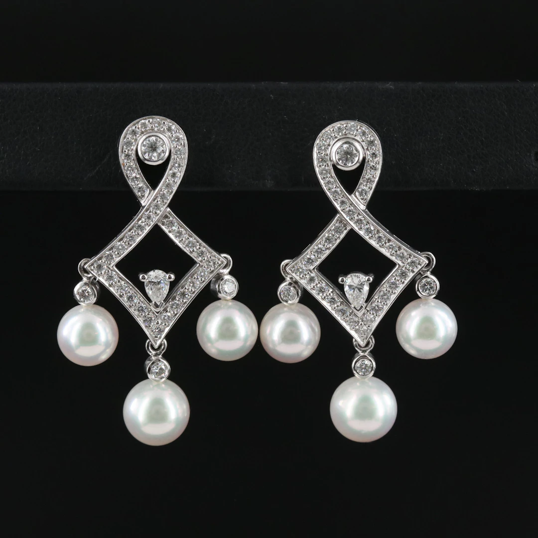 Mikimoto 18K Pearl and 1.53 CTW Diamond Girandole Style Drop Earrings