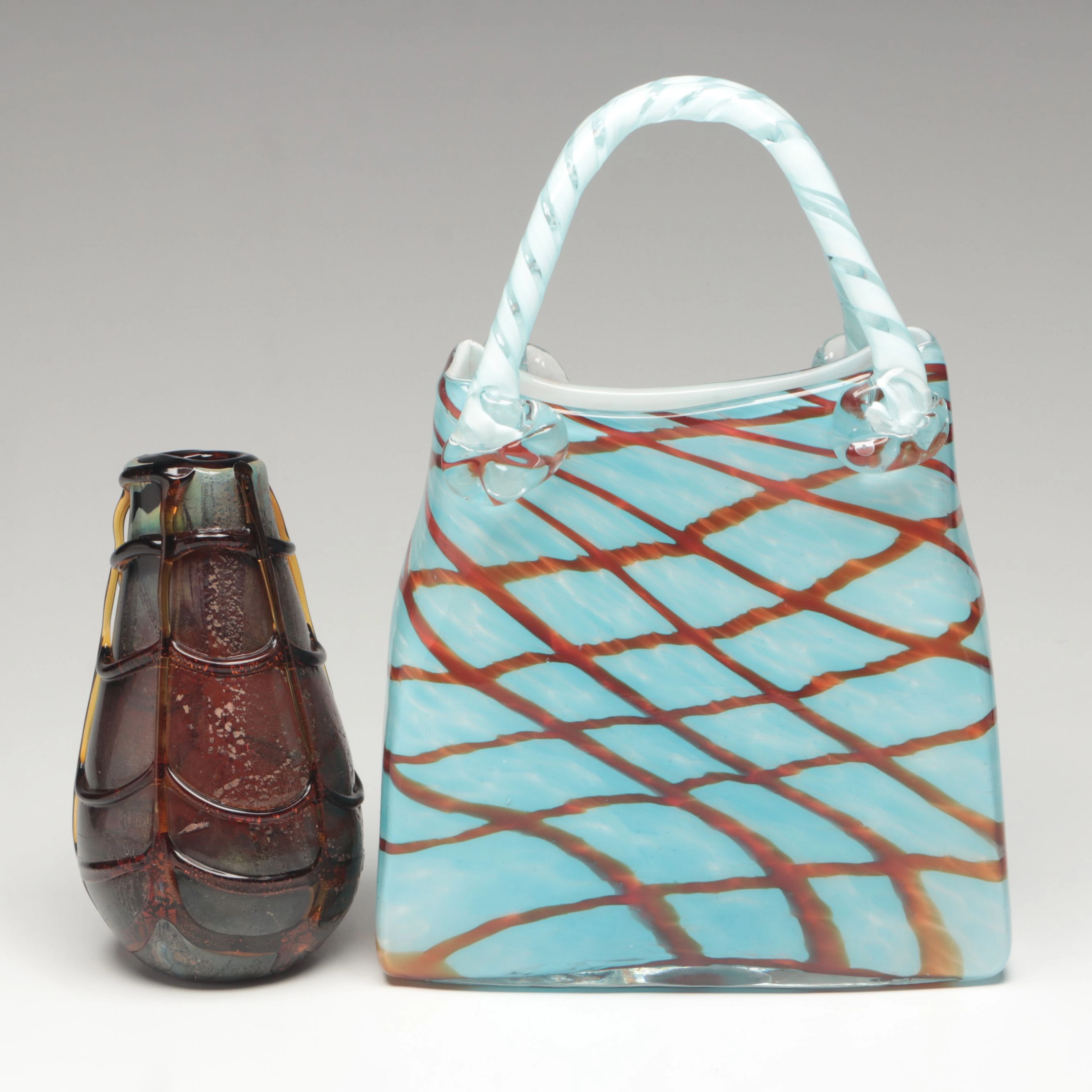 Blown Glass Handled Purse with Amber Webbed Vase
