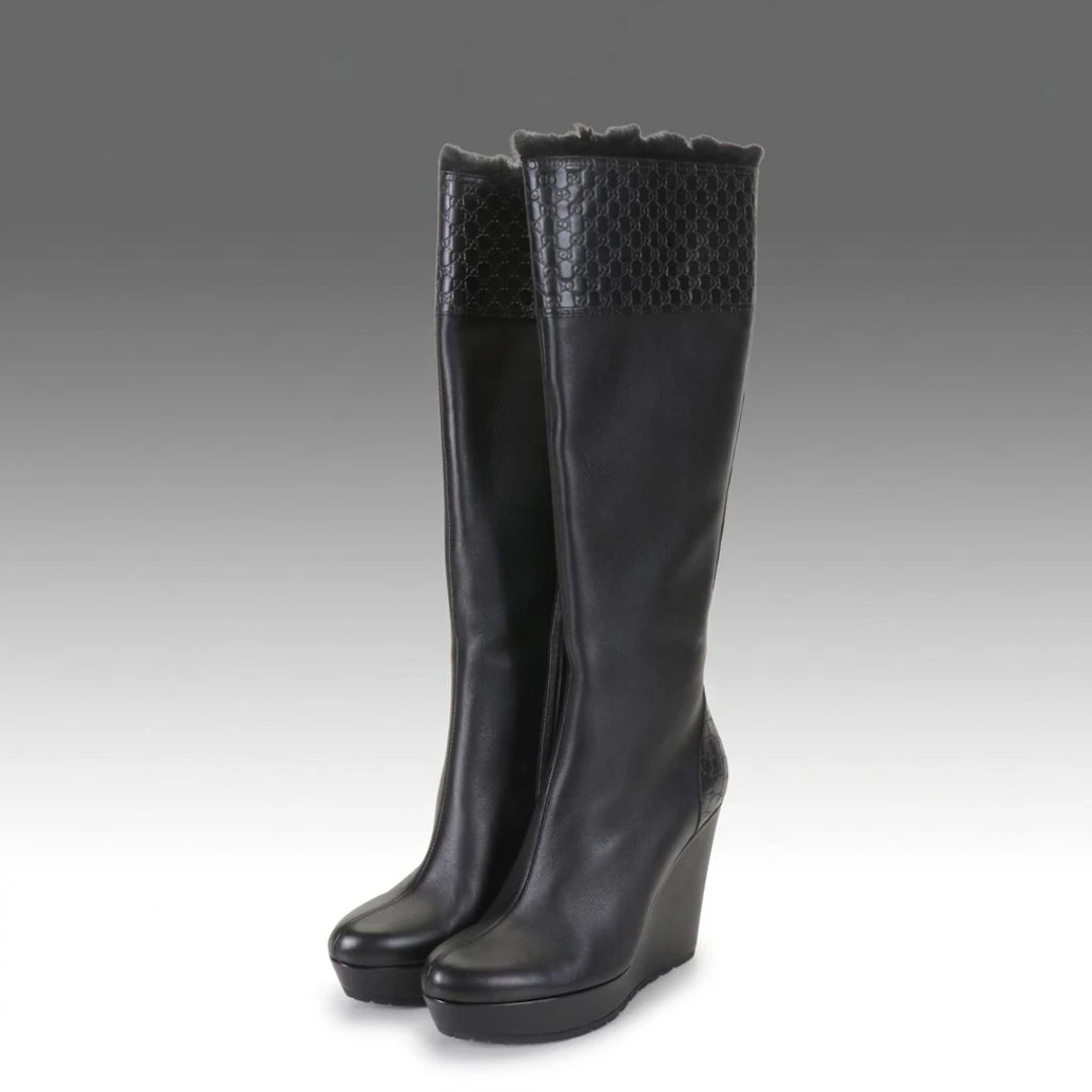 Gucci Courtney Knee-High Wedge Boots in Microguccissima, Leather & Shearling