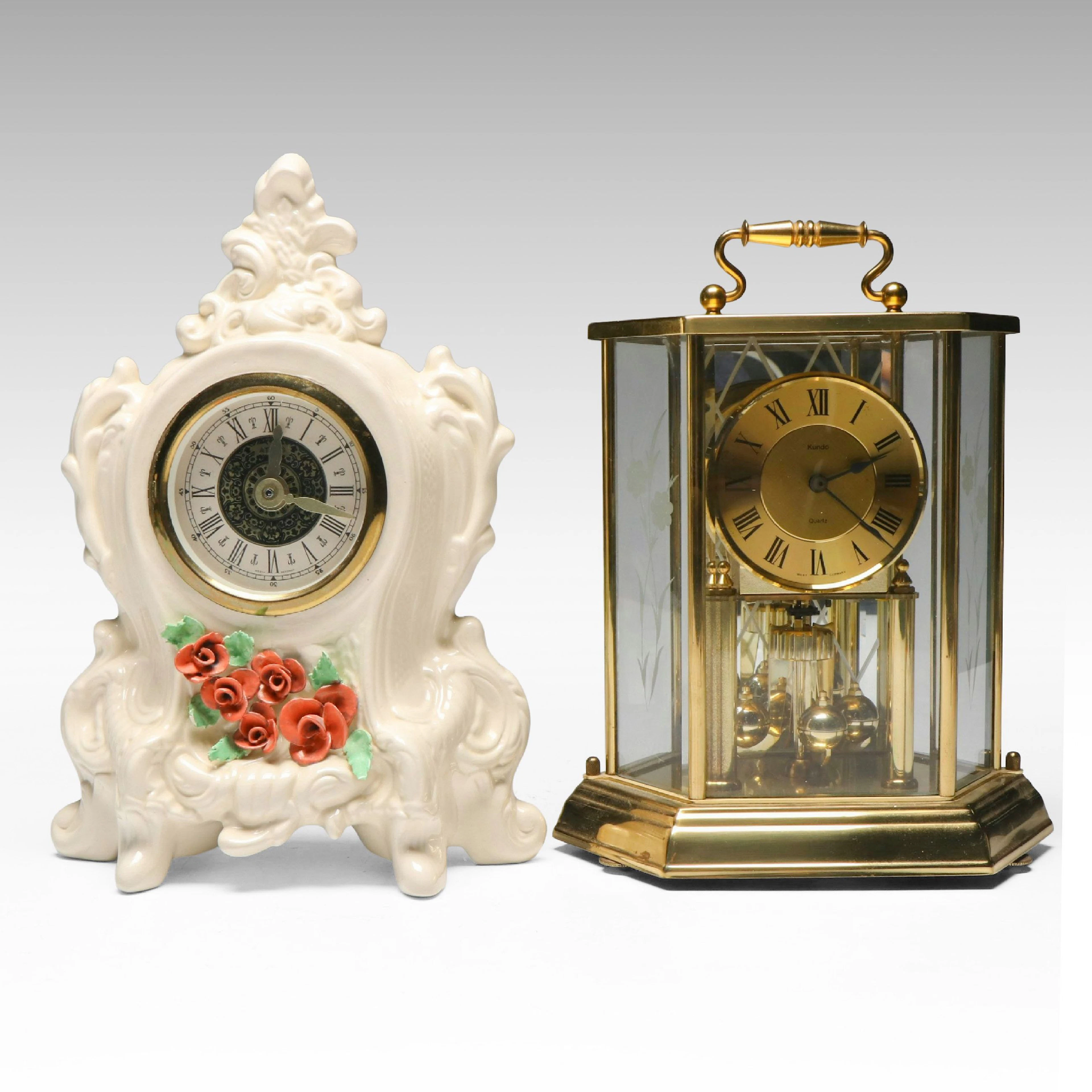 Kundo Quartz Brass Mantel Clock with Baroque Style Ceramic Mantel Clock