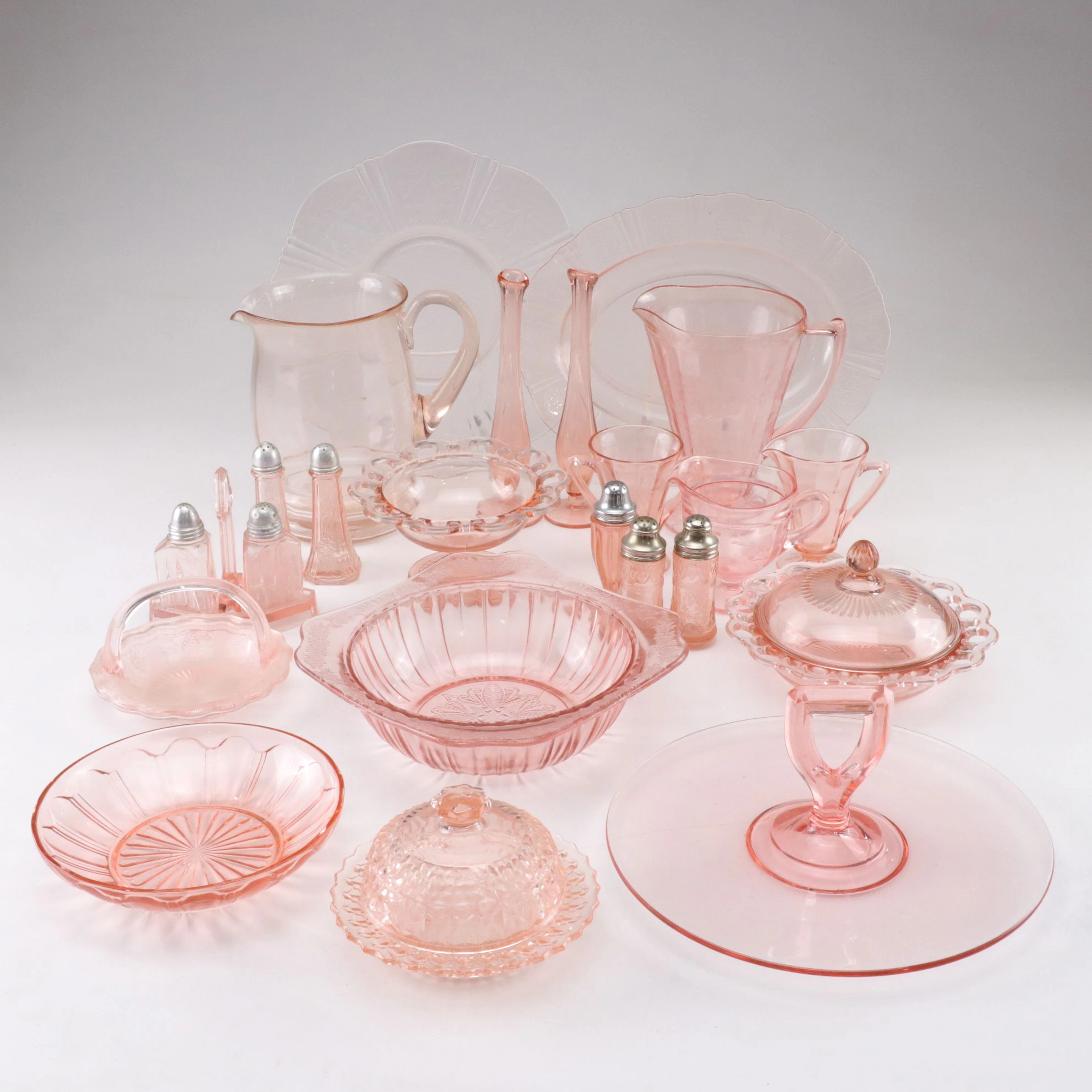 Pink Depression Glass with Sandwich Plate, Pitchers, Shakers, and More