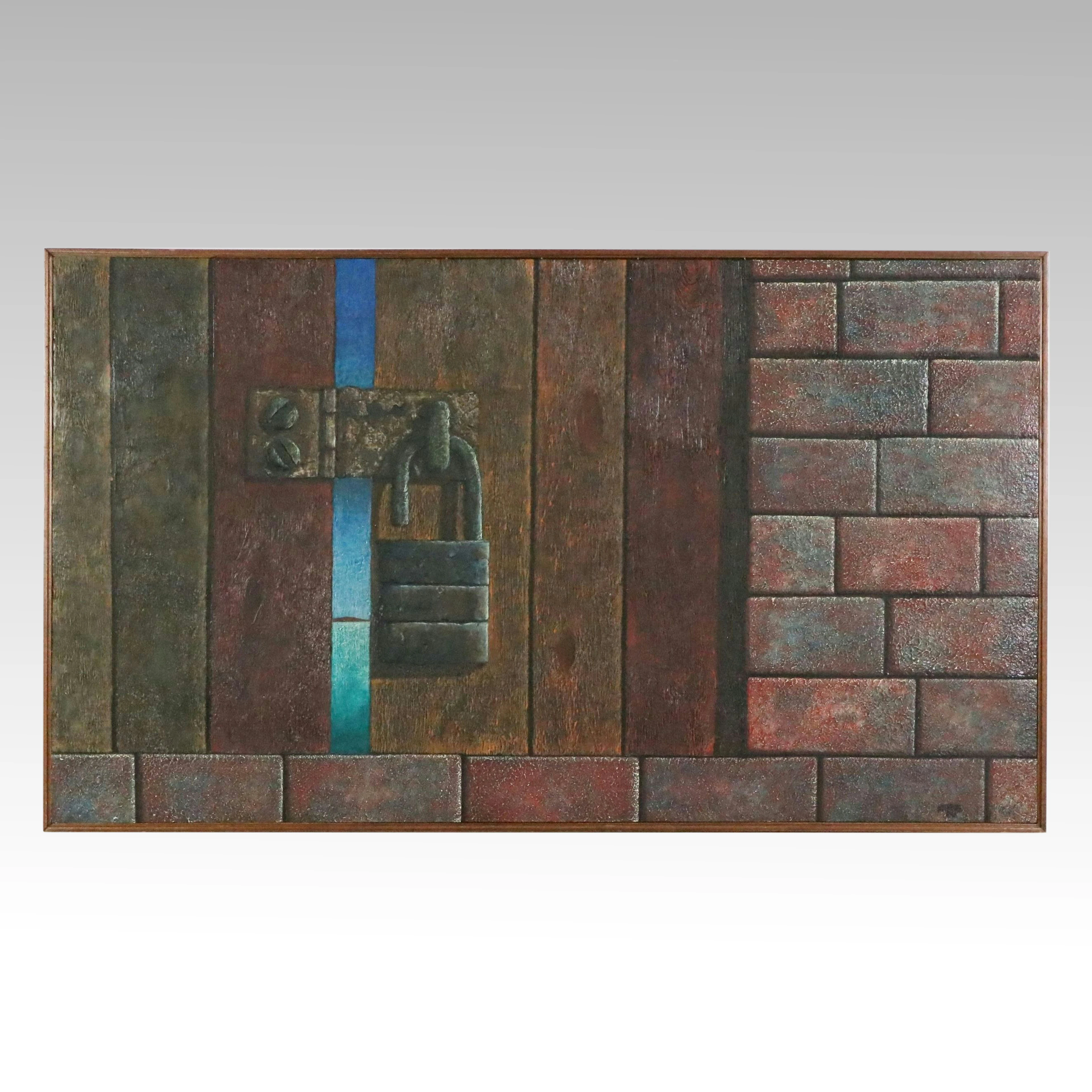 Carlos Monge Surrealist Mixed Media Painting of Padlock, 2006