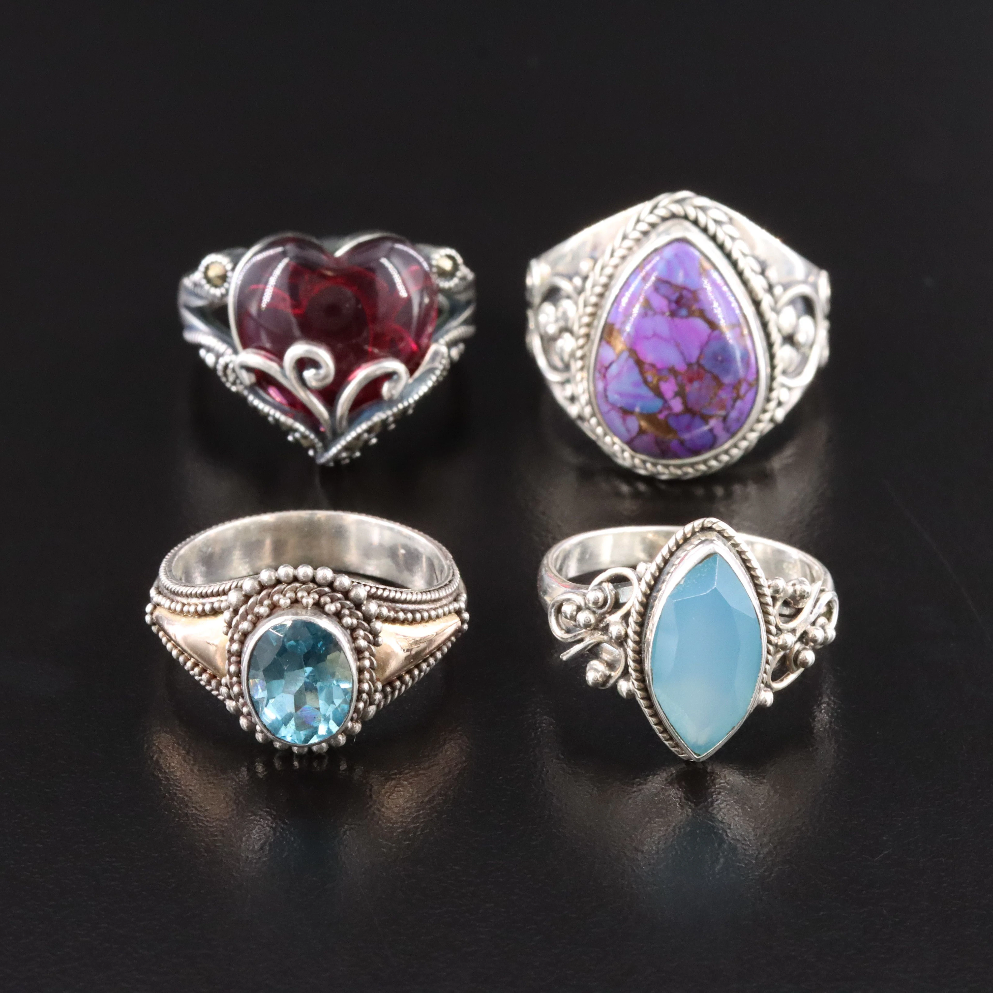 Sterling Ring Collection with Blue Topaz, Turquoise, and Chalcedony