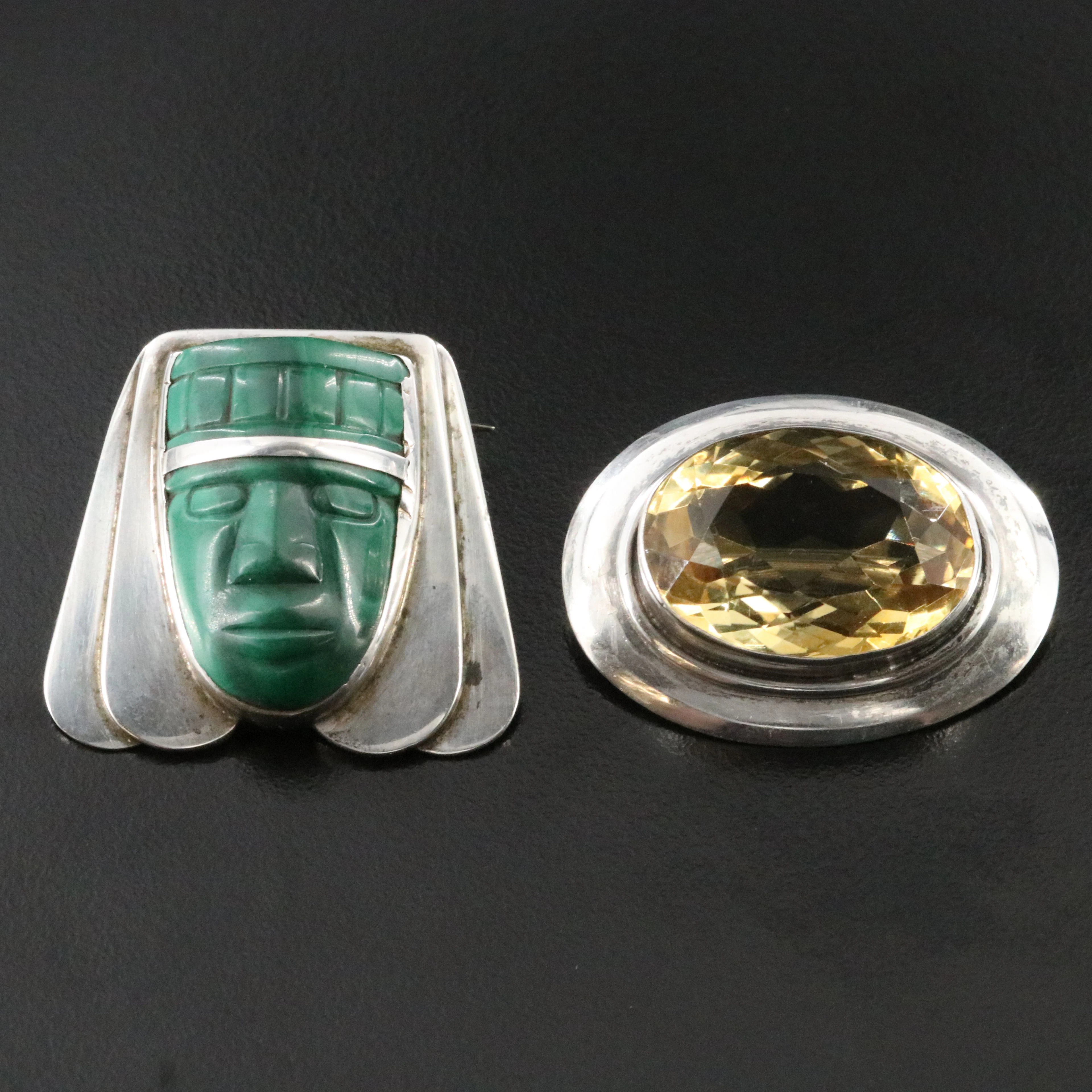 Modernist Frederick Walter Davis Sterling Malachite Warrior & Citrine Brooches