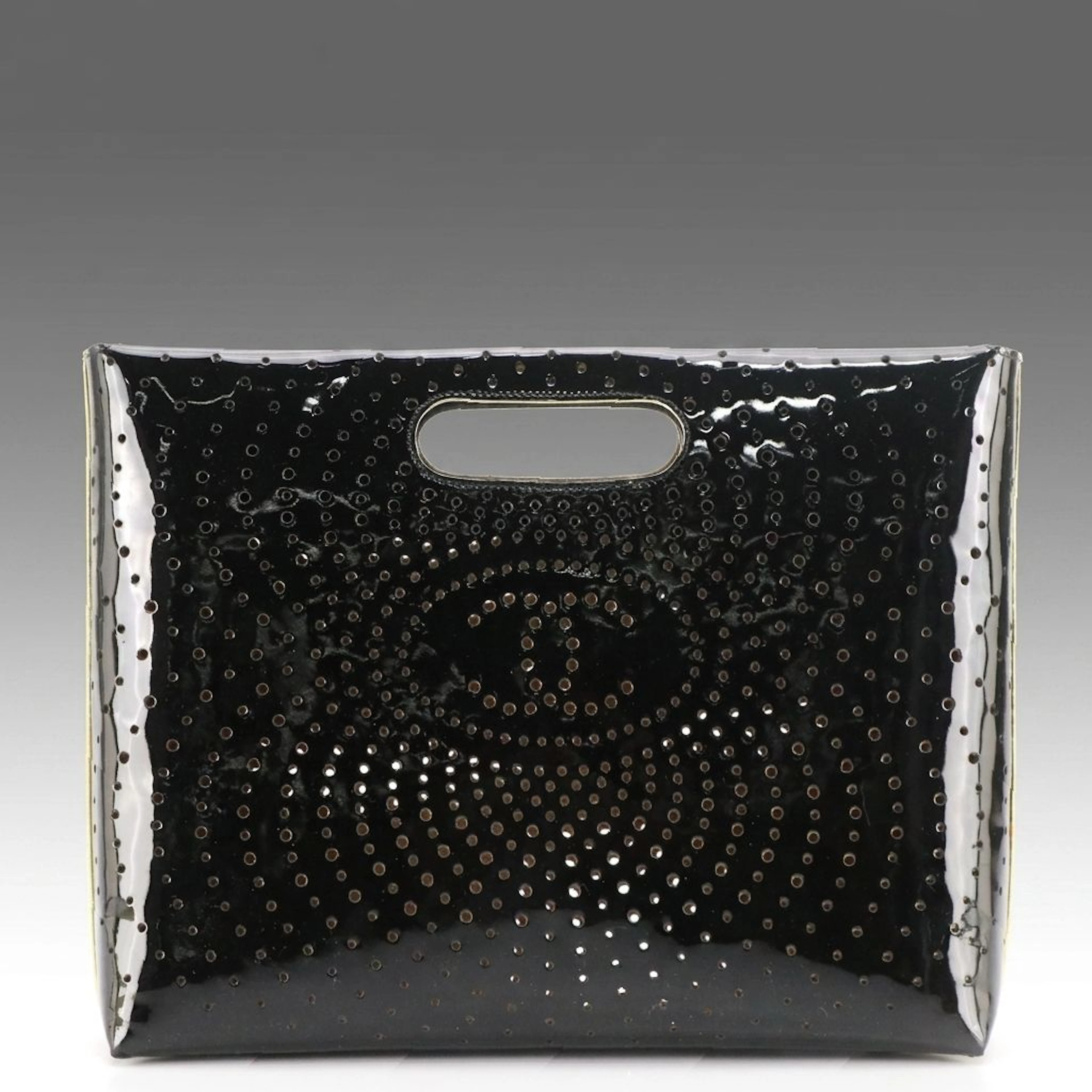 Chanel Black CC Perforated Patent Leather Handbag with Cutout Handle
