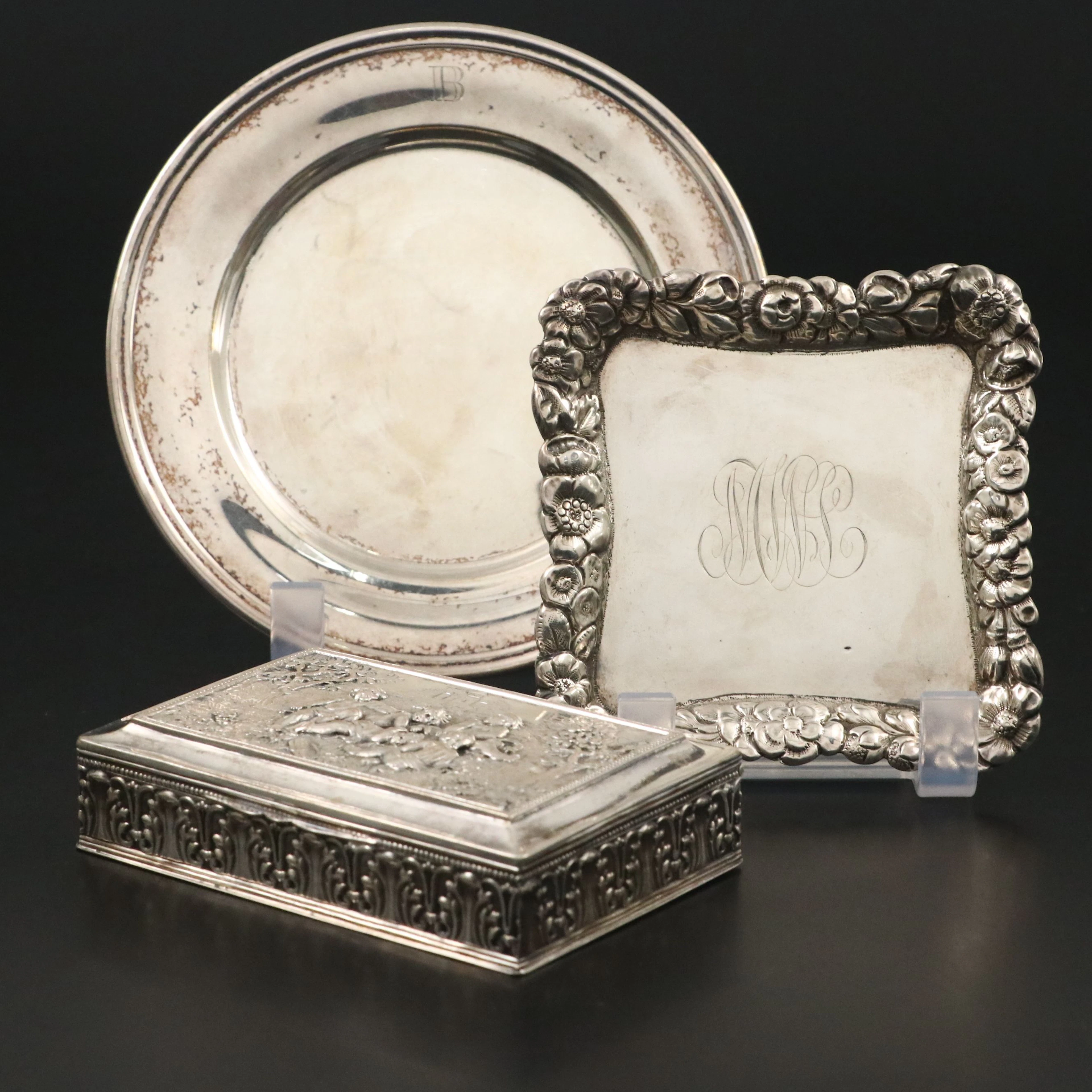 German 800 Silver Cigarette Box with Sterling Plate and Tray