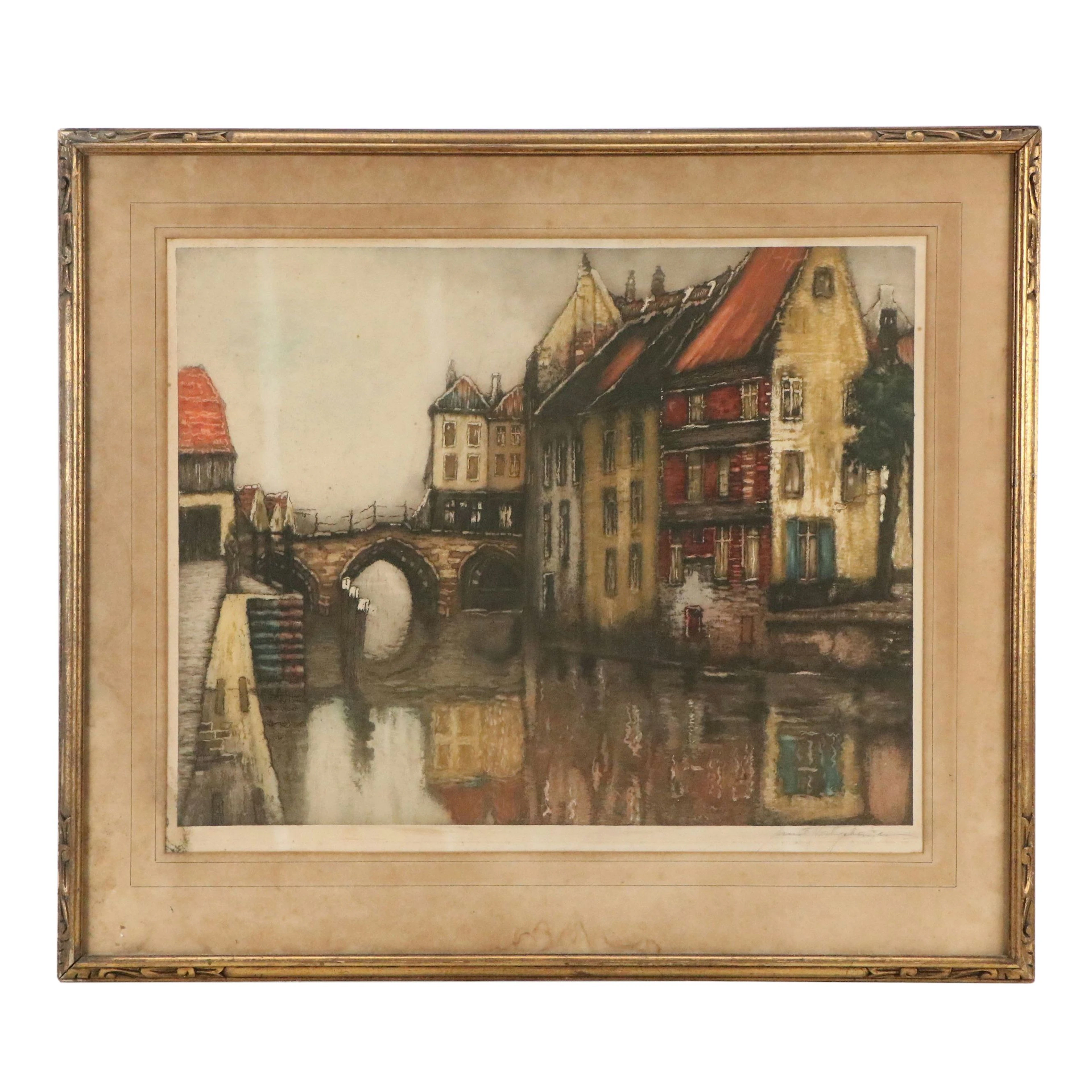 Architectural Etching with Aquatint of Waterside City