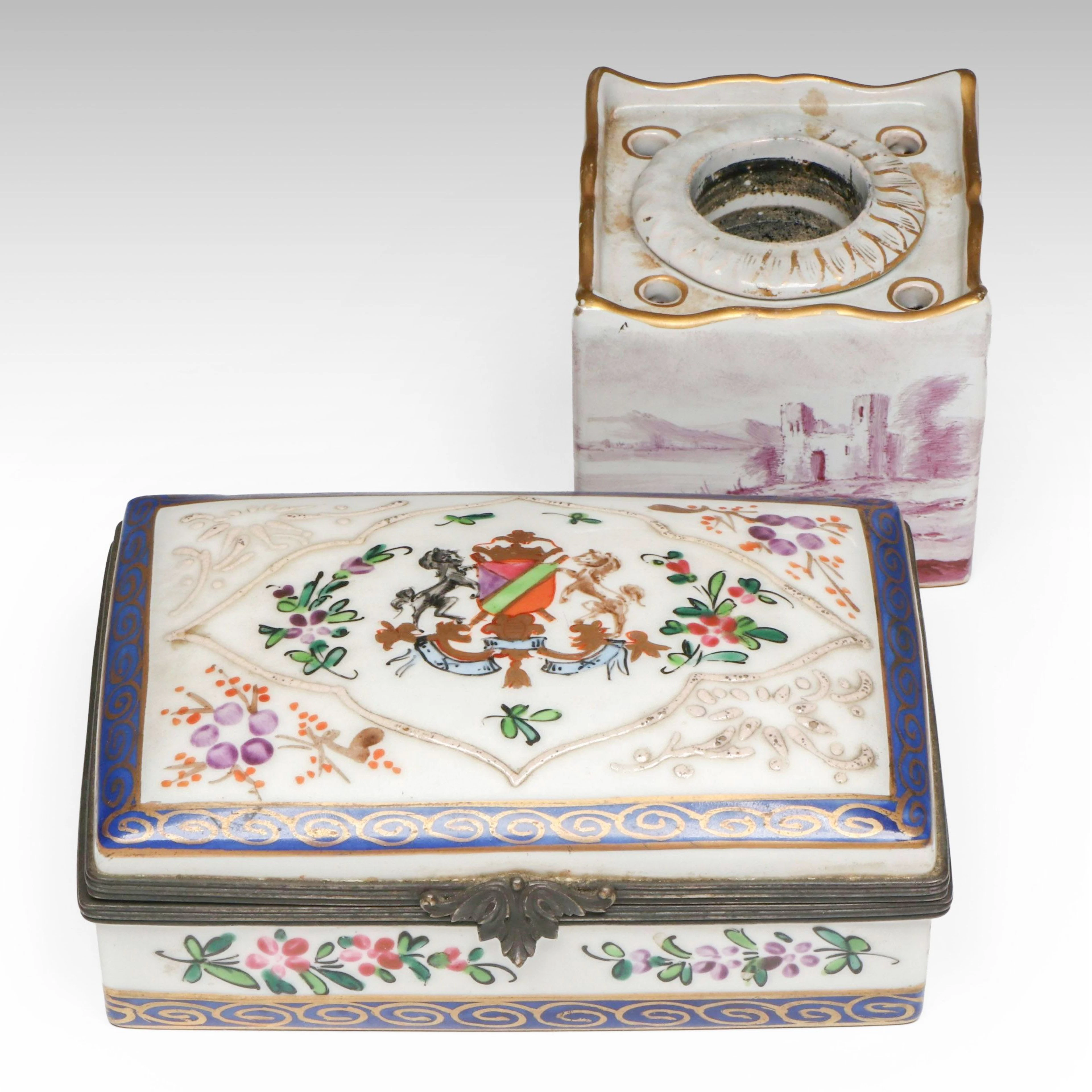 Émile Gallé Faïence Scenic Inkwell and Edmé Samson Chinese Export Style Box
