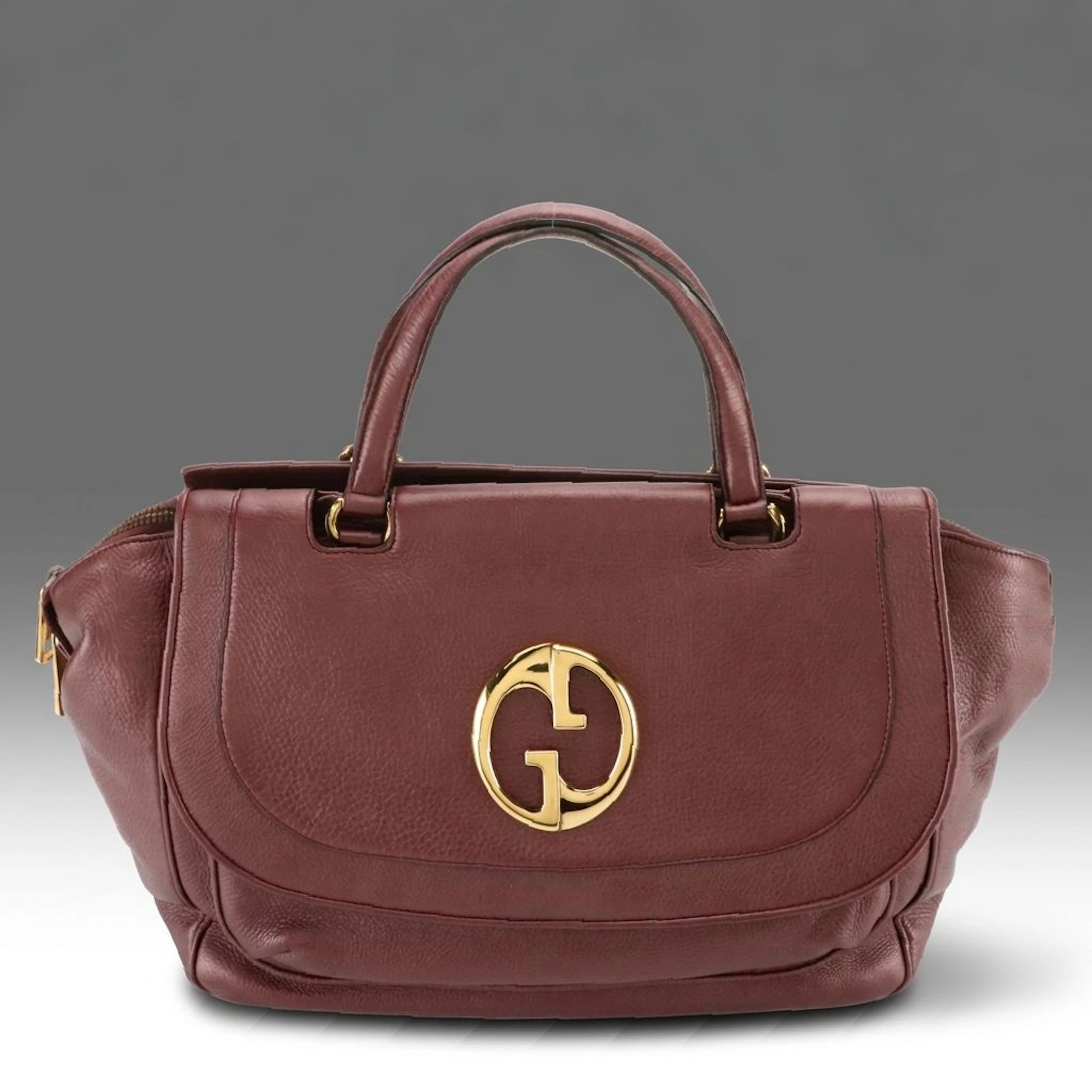 Gucci Metallic Burgundy Calfskin Grain Leather 1973 Top Handle Bag