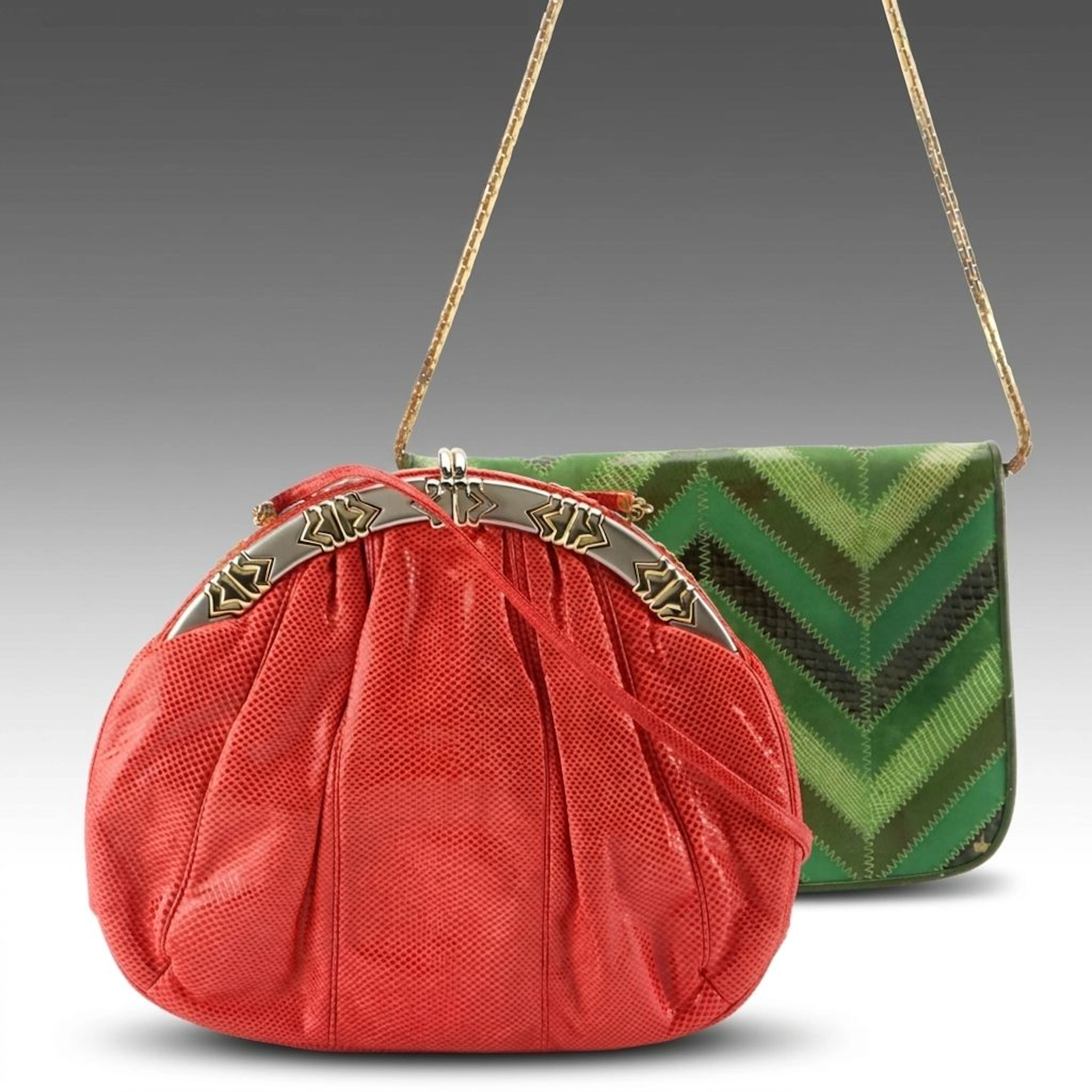Judith Leiber Lizard Skin Art Deco Frame Bag and Mixed Reptile Skin Flap Bag