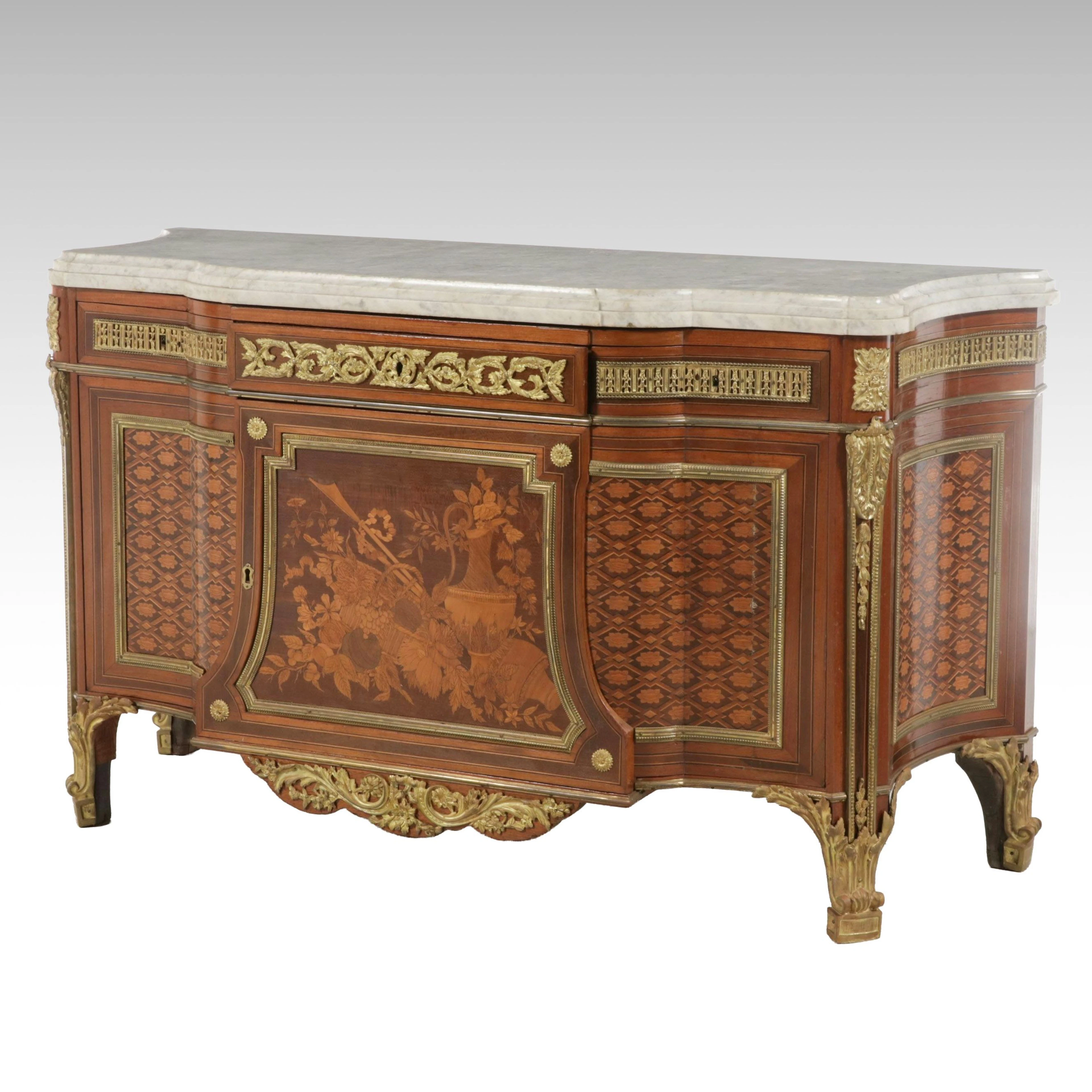 Louis XVI Style Gilt Metal, Marquetry, and Marble Top Commode, After Riesener