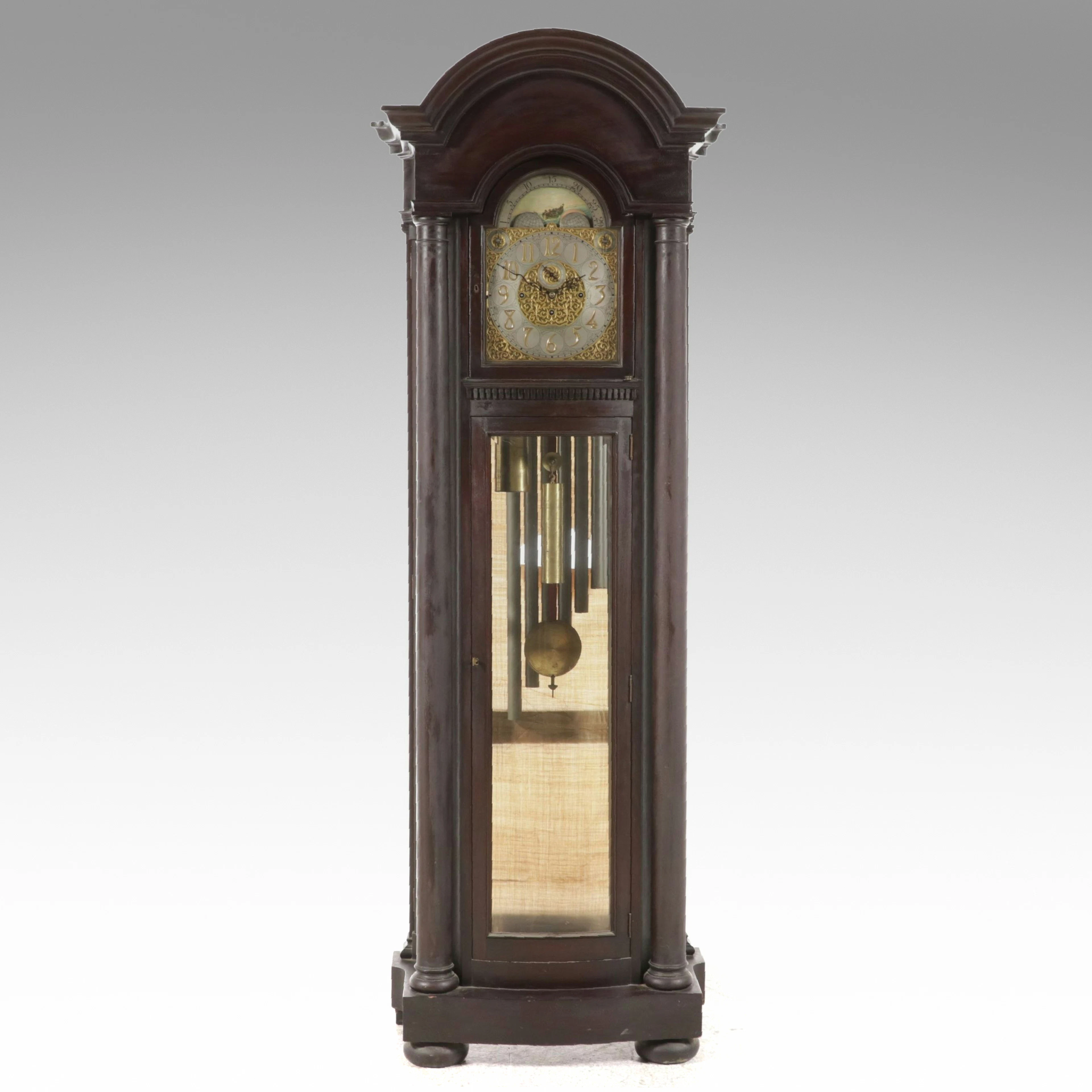 H.J. Howe Queen Anne Style Arch Bonnet Case Grandfather Clock