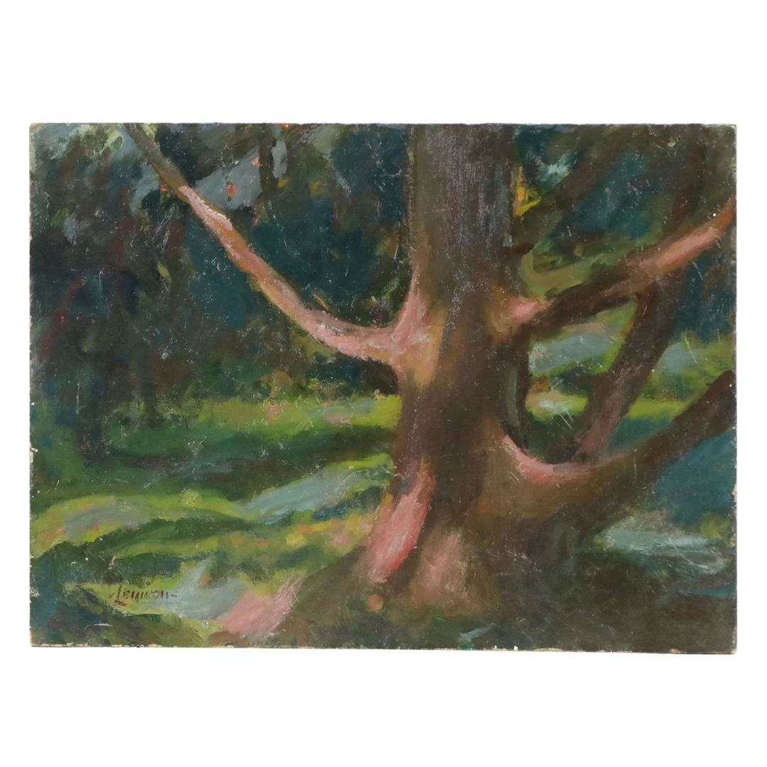 Bernard Lennon Oil Painting of Old Tree with Early Autumnal Landscape on Verso