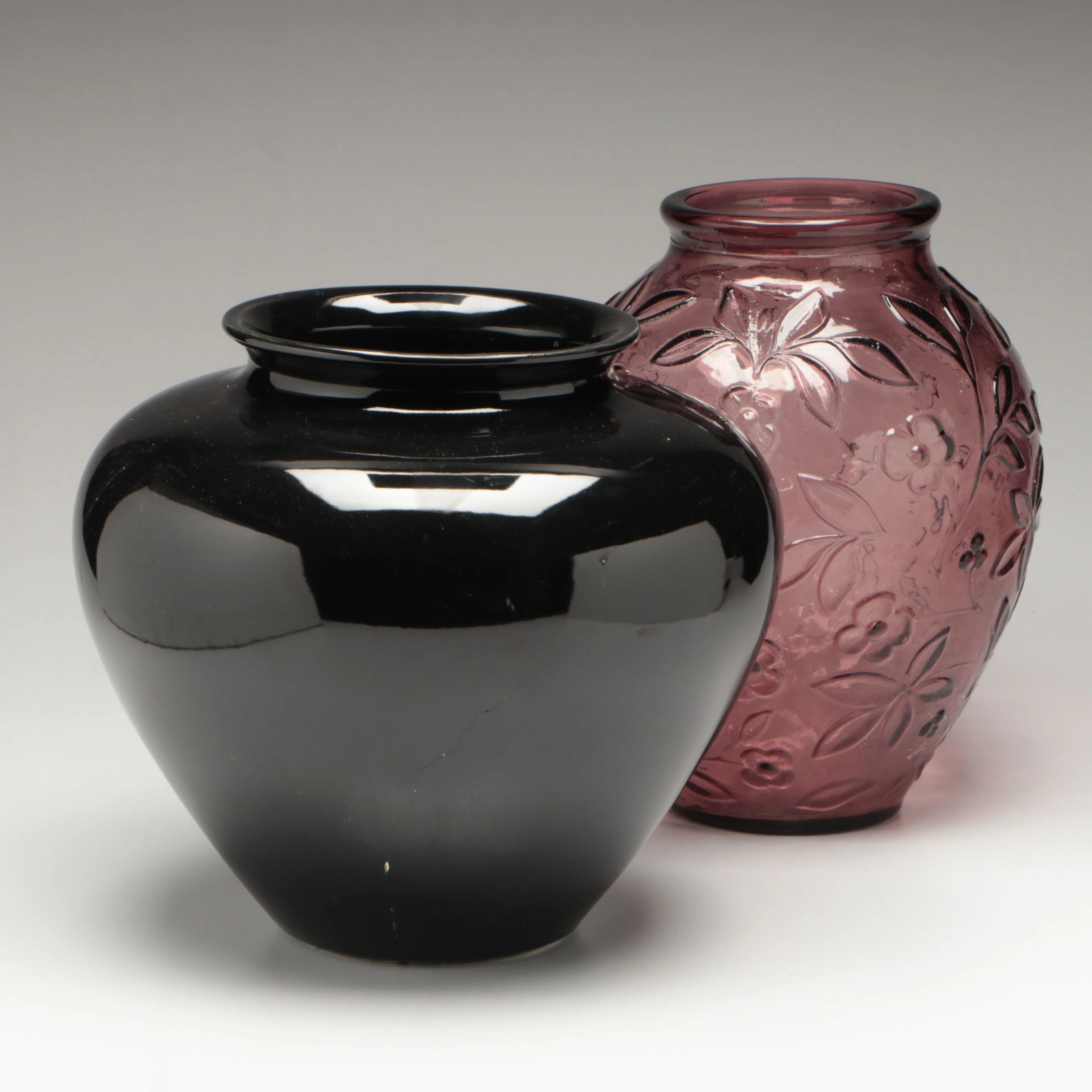 Glossy Black Ceramic and Amethyst Floral Pressed Glass Vases