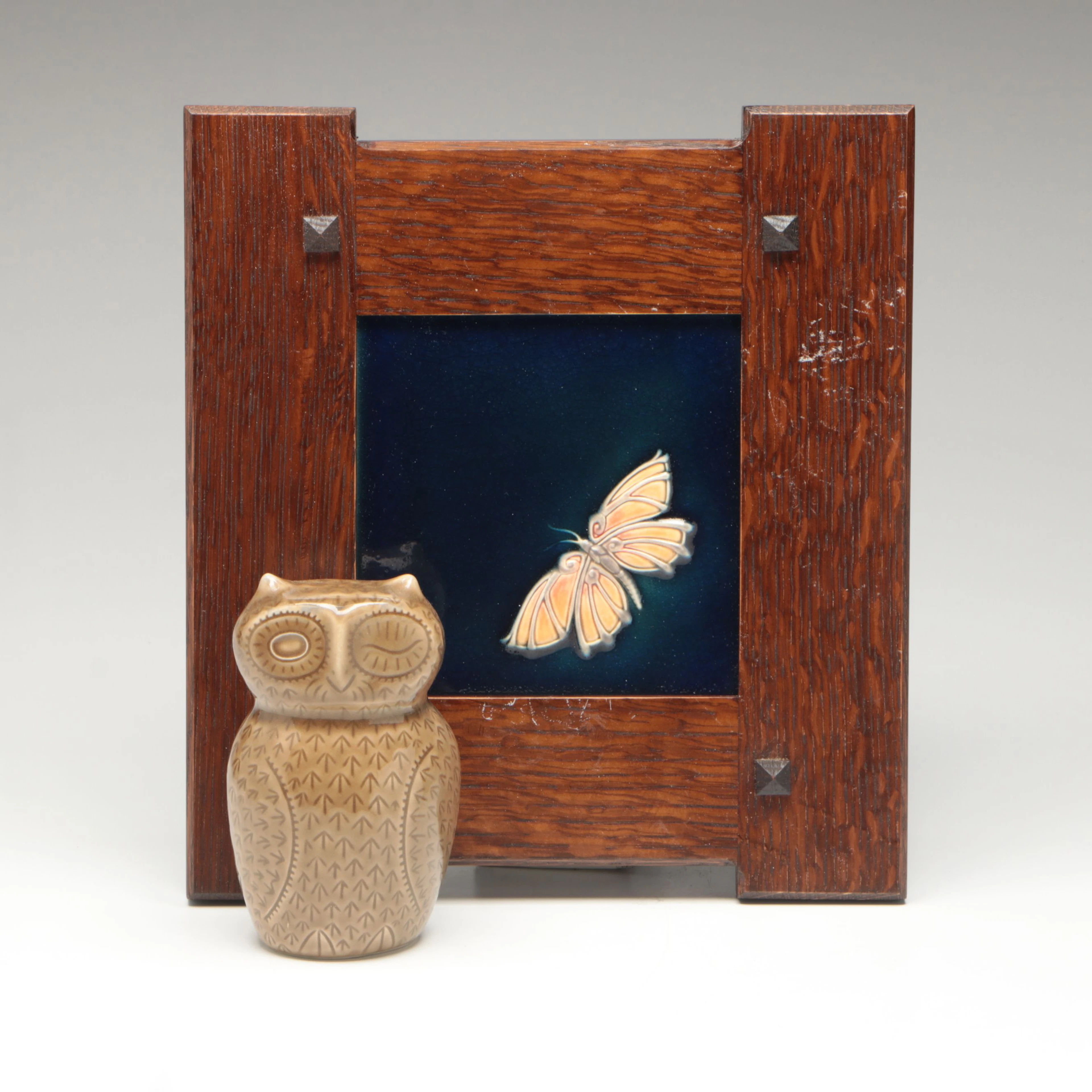 Rookwood Pottery Framed Butterfly Tile with Owl Figurine, 2010s