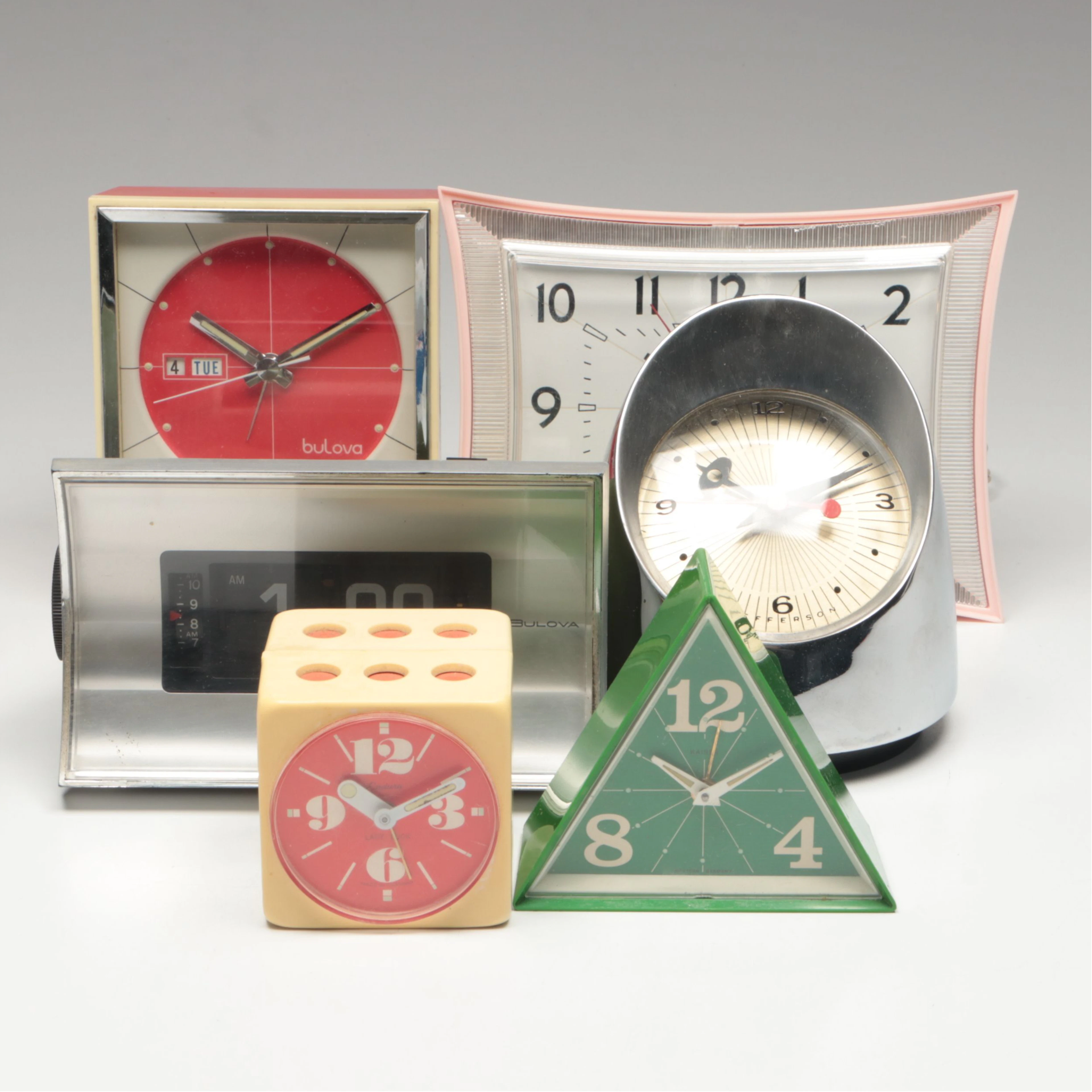 MCM General Electric Clock with Dice-Shaped and Other Vintage Clocks