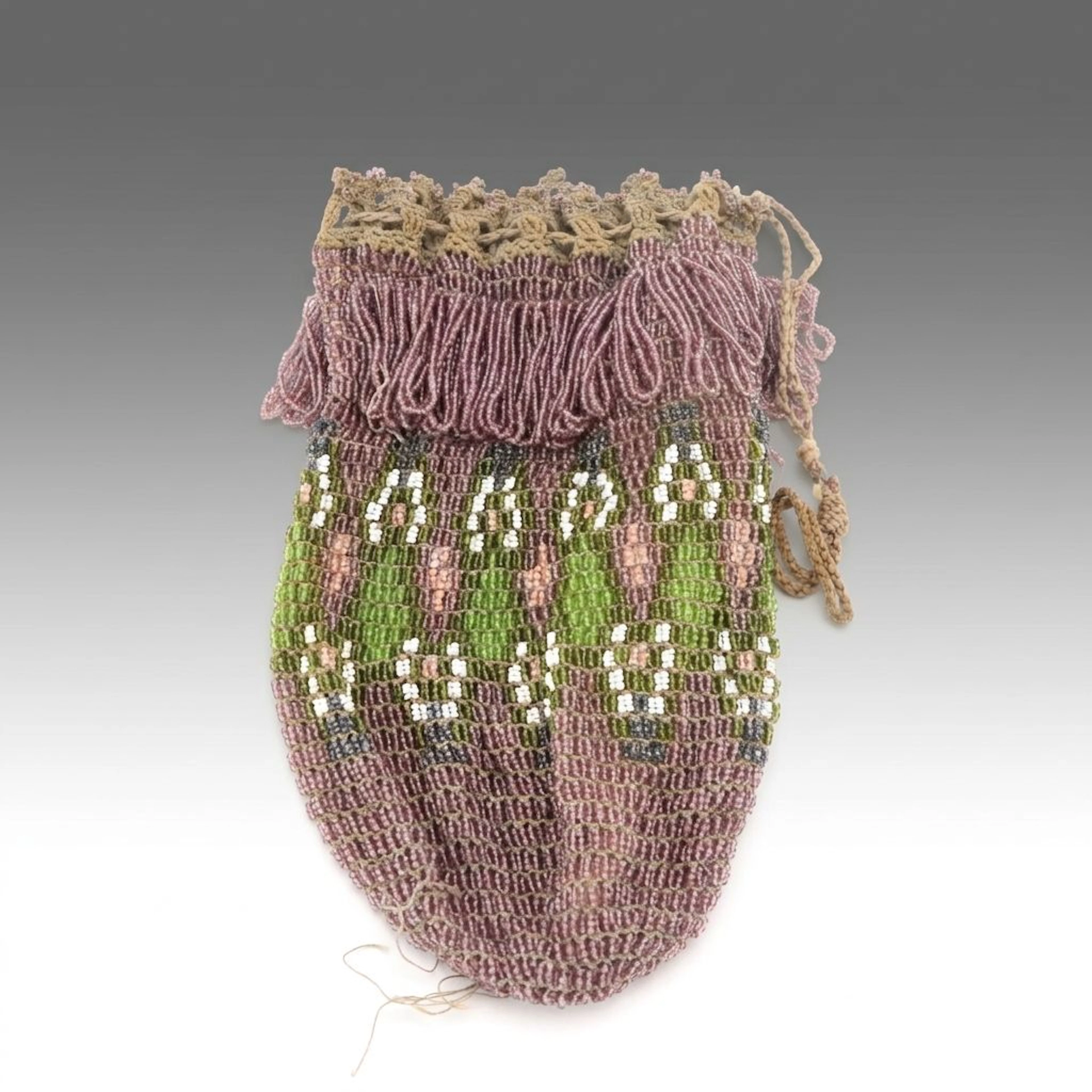 Glass Bead Drawstring Reticule with Loop Fringe