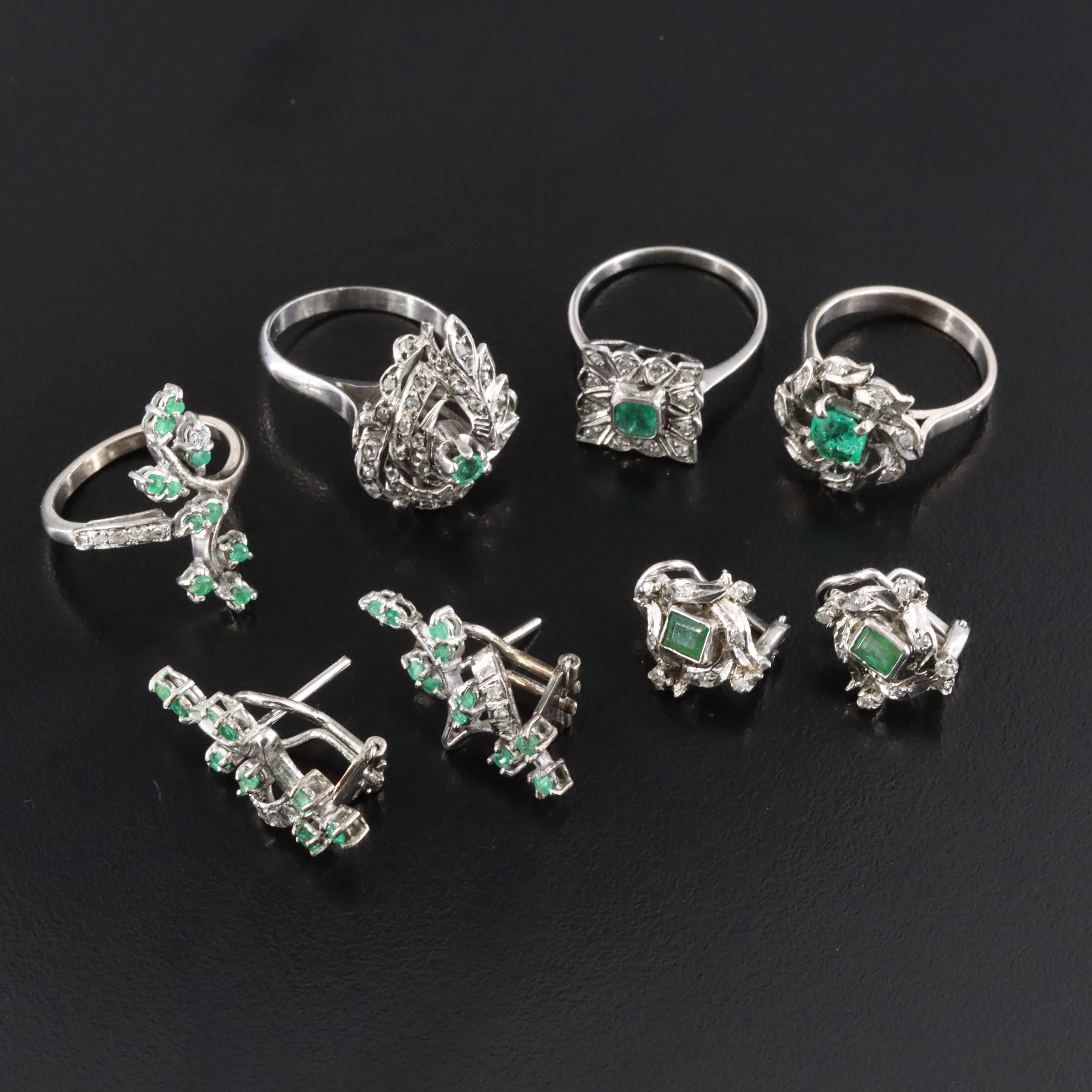 Silver Palladium Alloy Featured in Emerald and Diamond Ring & Earring