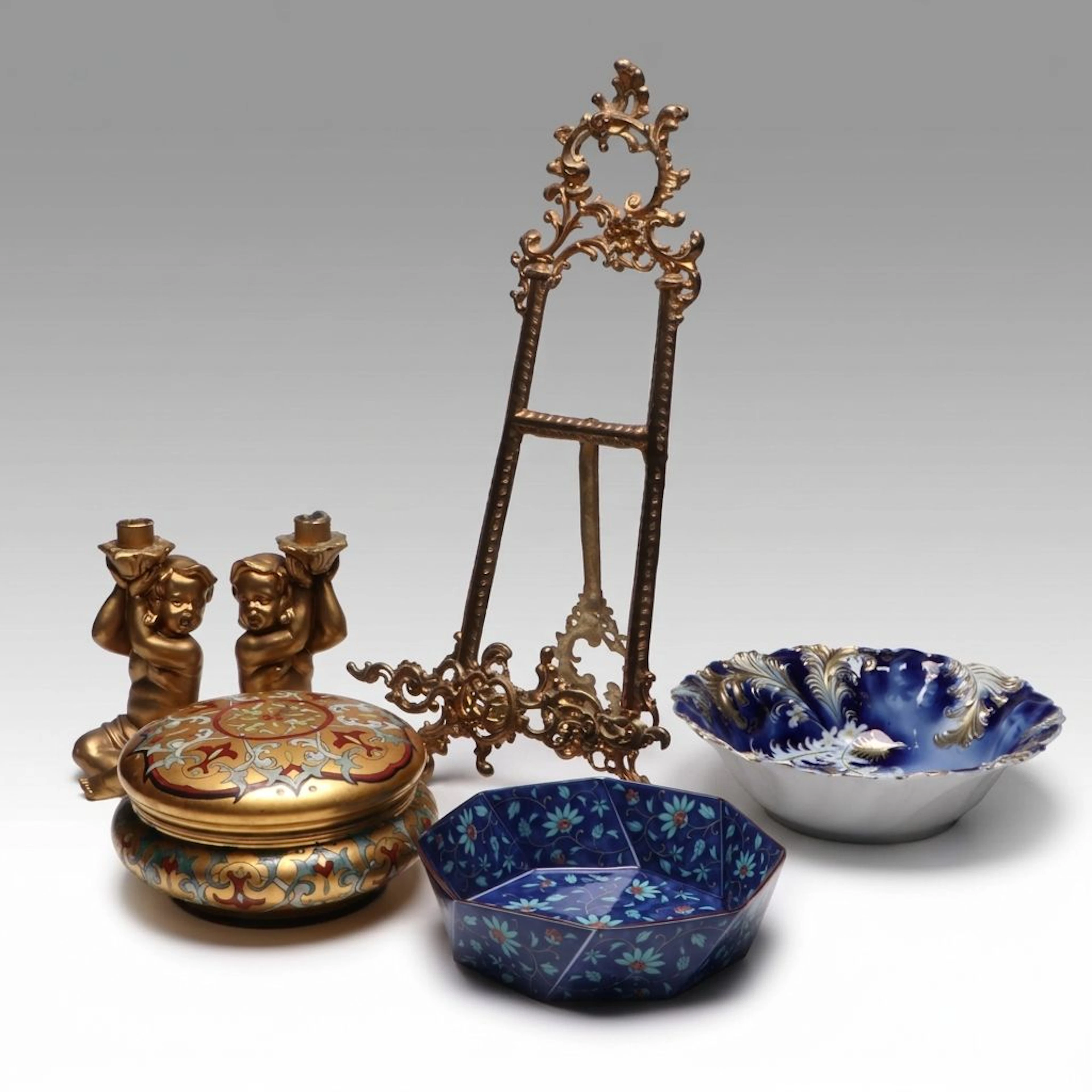 Rococo Style Gilt Finished Table Easel, Cherub Candlesticks with Bowls and Box