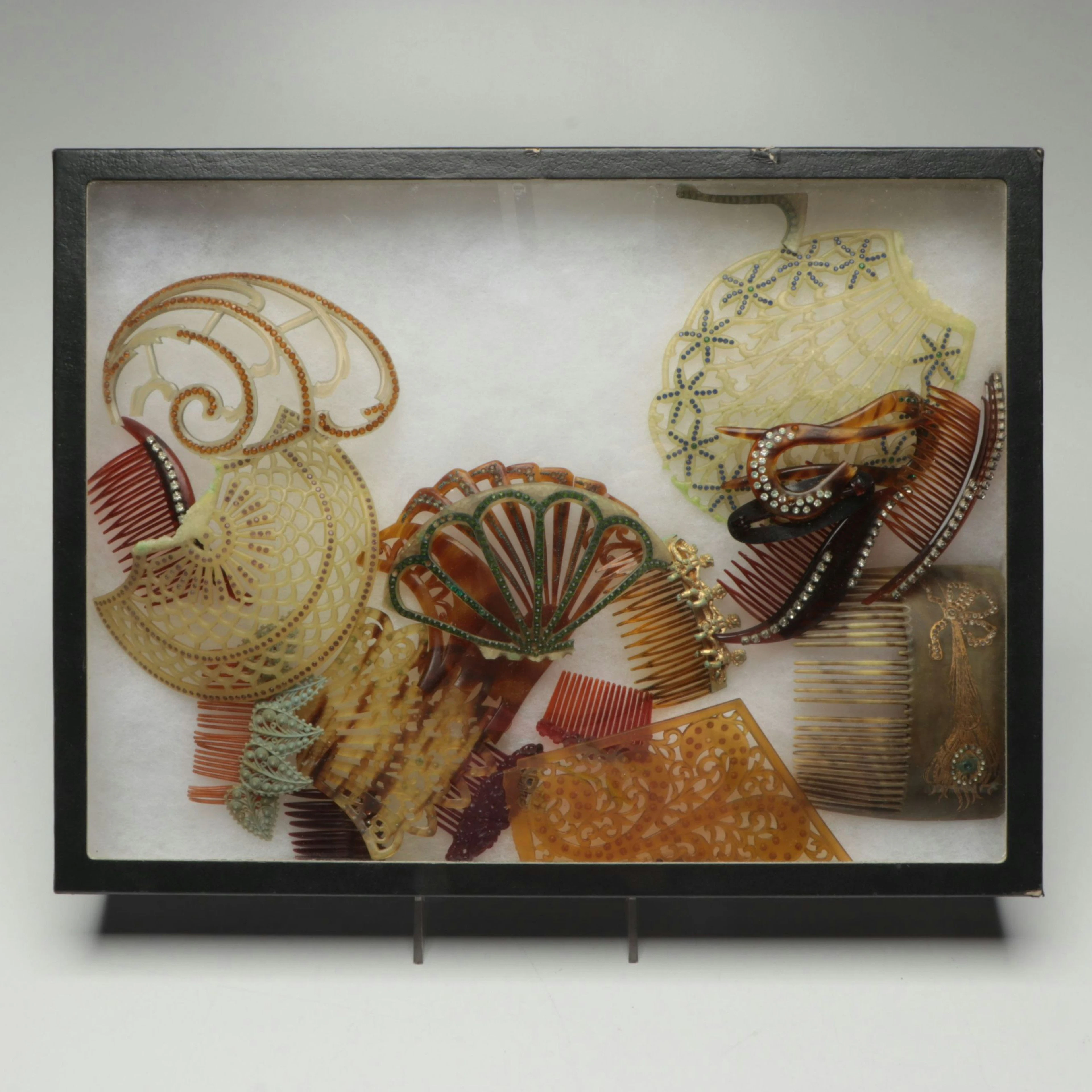 Antique Art Deco Celluloid Hair Combs in Display Case