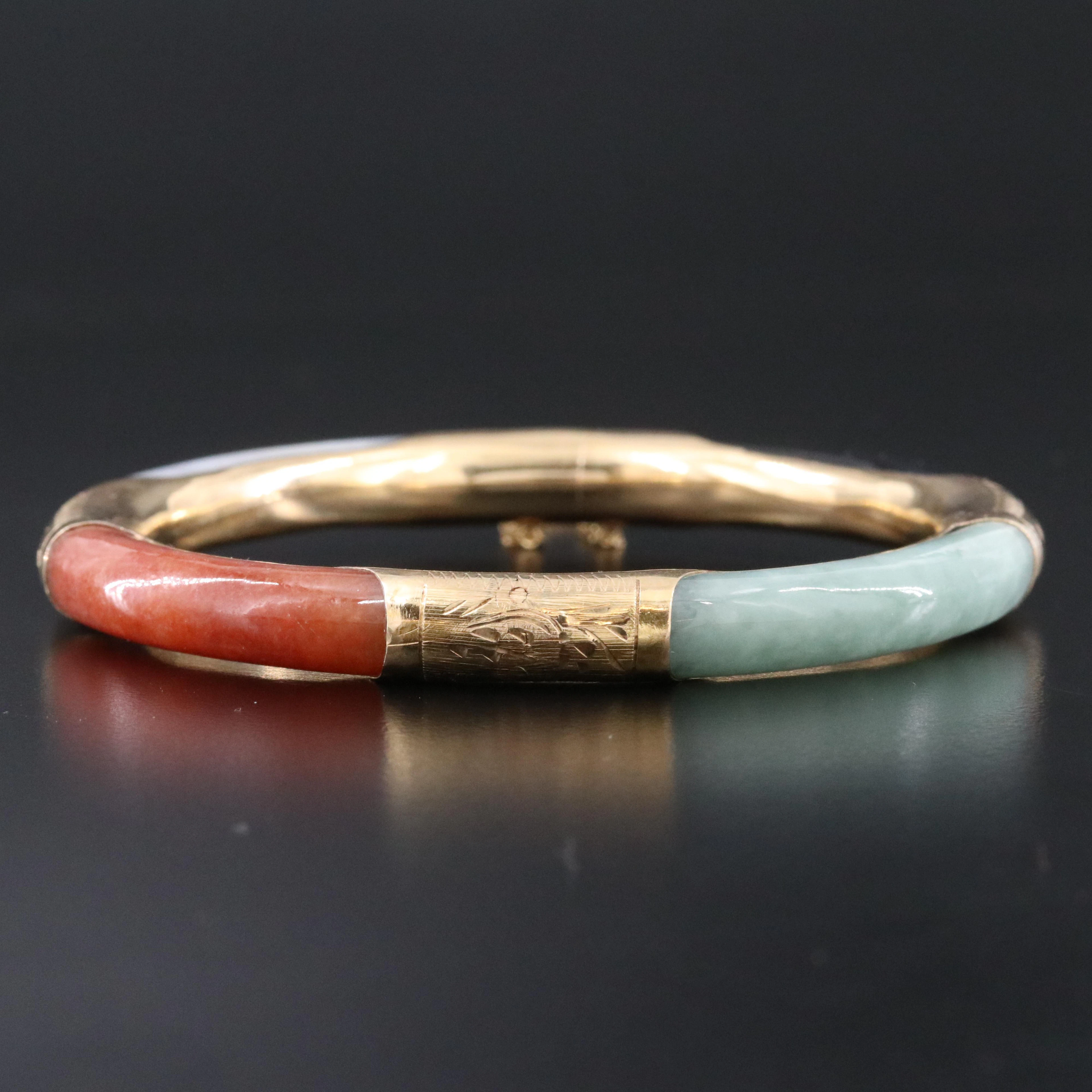 14K Jadeite and Obsidian Hinged Bangle Bracelet