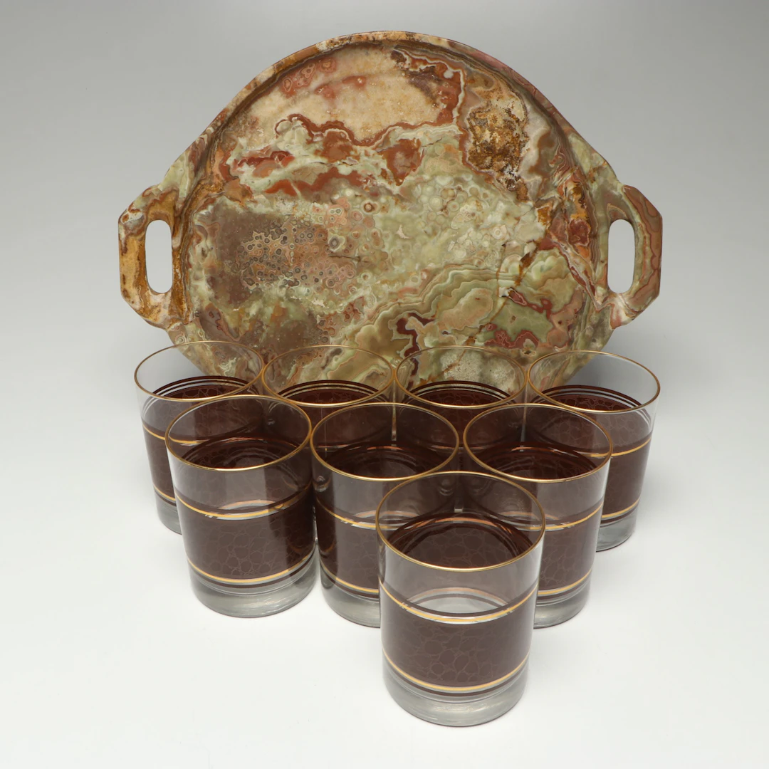 Polished Onyx Tray with Gilt Trim Old Fashioned Glasses